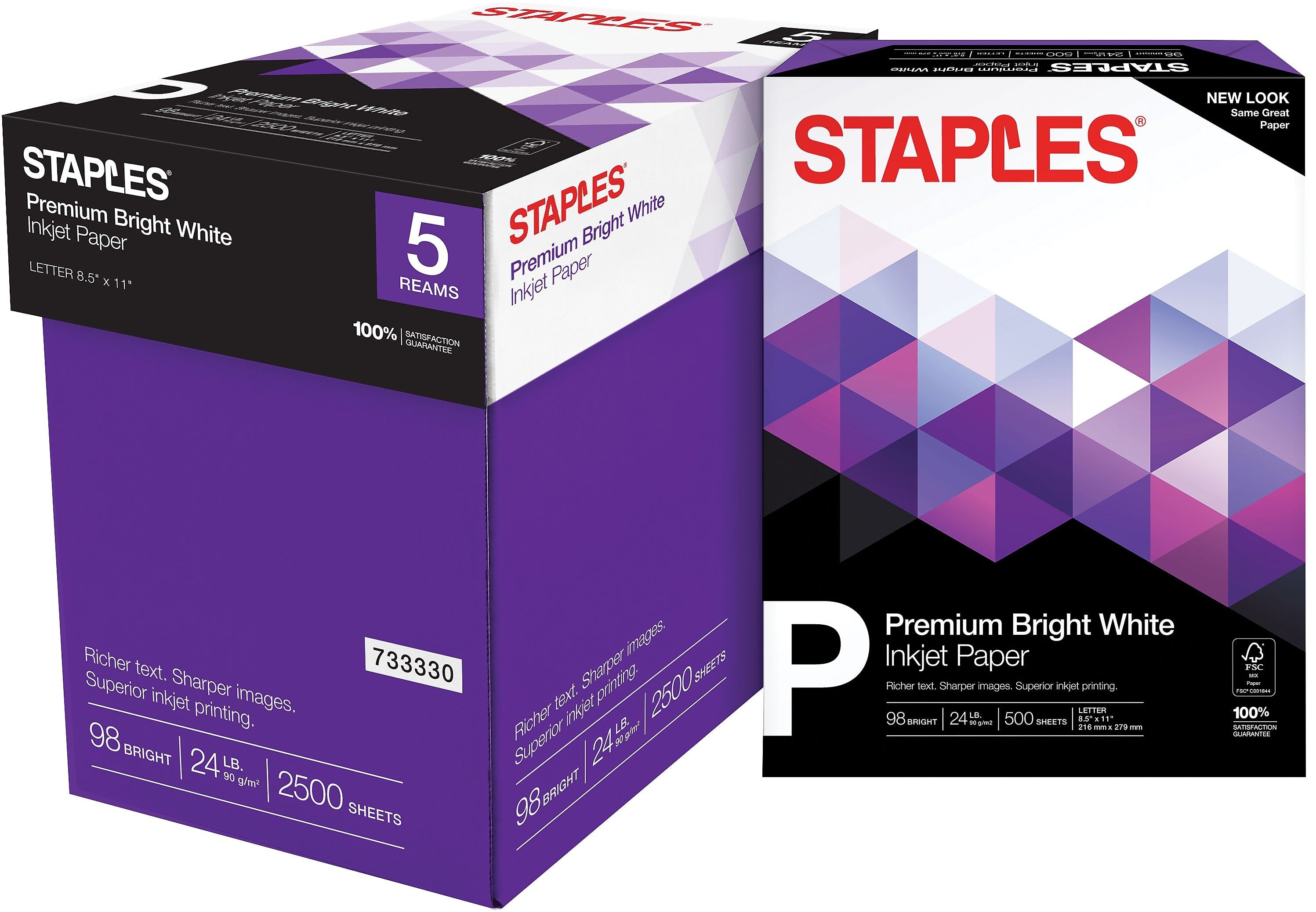 Staples Premium Inkjet & Laser Paper, 8.5" x 11", 24 lbs., Bright White, 500 Sheets/Ream, 5 Reams/Carton (733330)