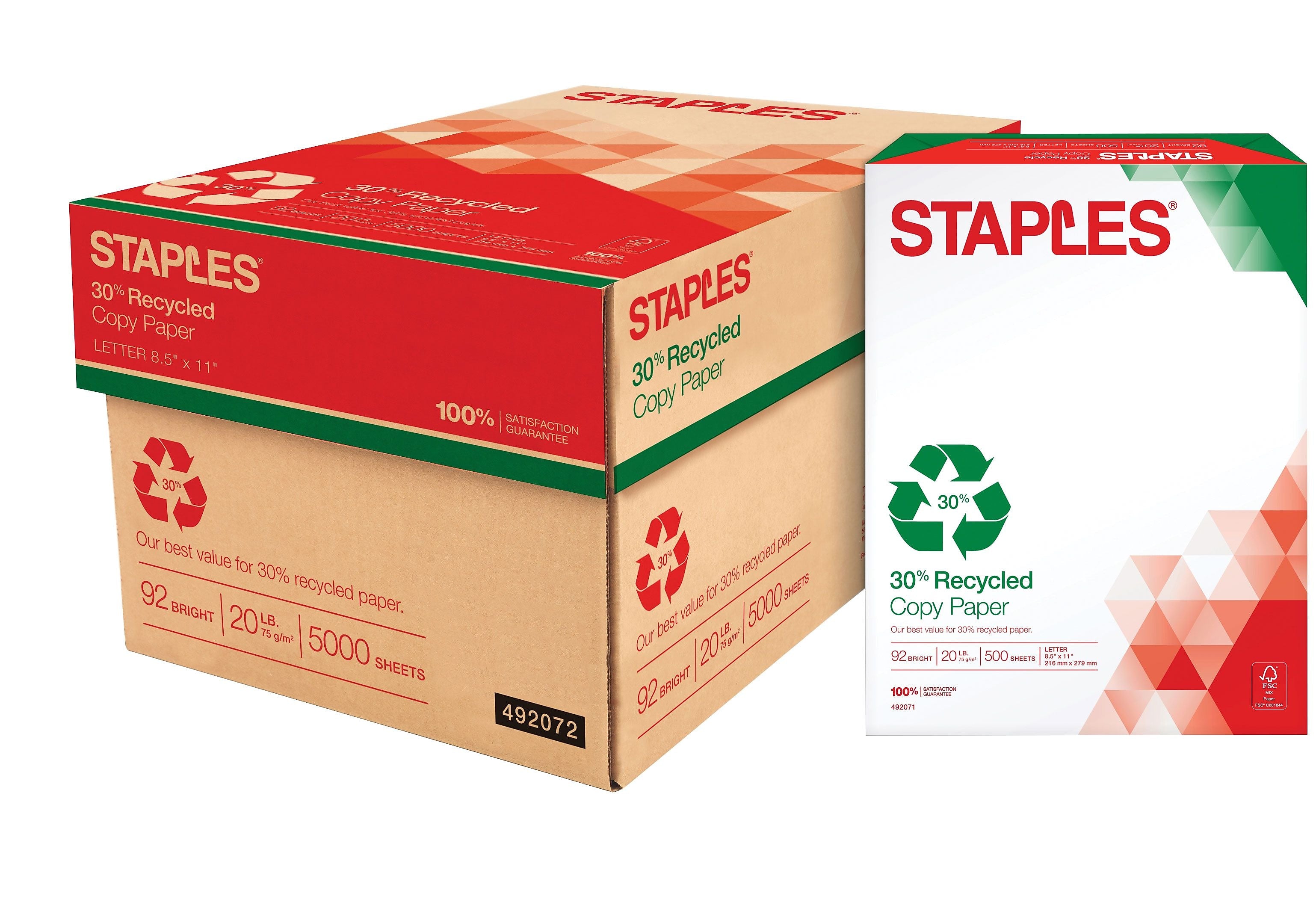 Staples 30% Recycled 8.5" x 11" (US letter) Copy Paper, 20 lbs., 92 Brightness, 5000/Carton (112350/461757)