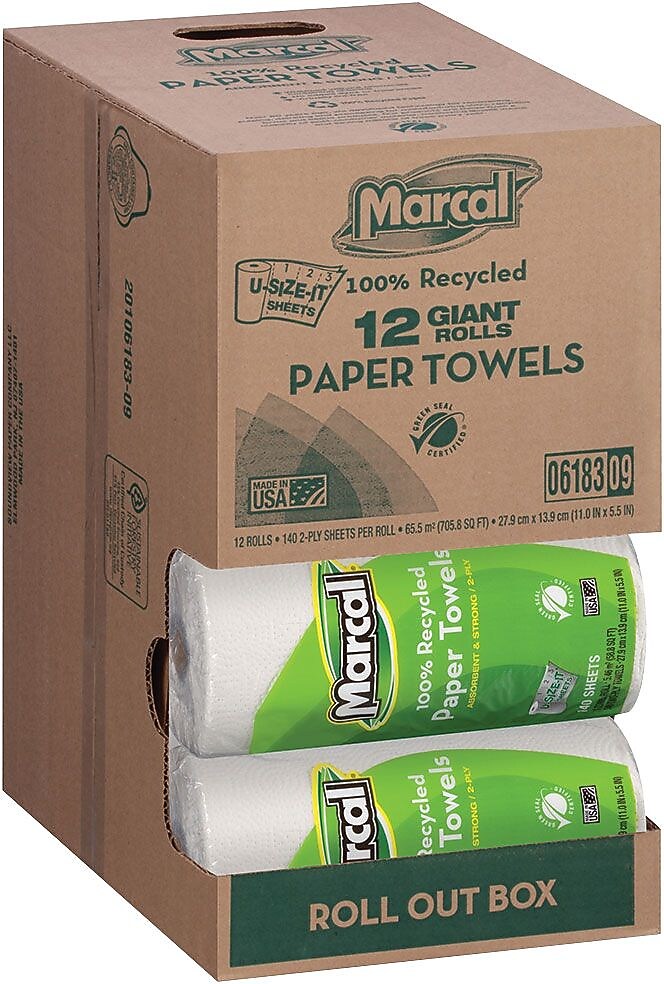 Marcal MaxiRoll Recycled Paper Towels, 2-ply, 140 Sheets/Roll, 12 Rolls/Pack (MRC6183)