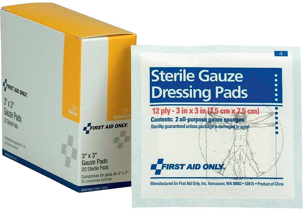 First Aid Only Sterile Gauze Dressing Pads, 12-Ply, 3" x 3", 20/Box (I211)