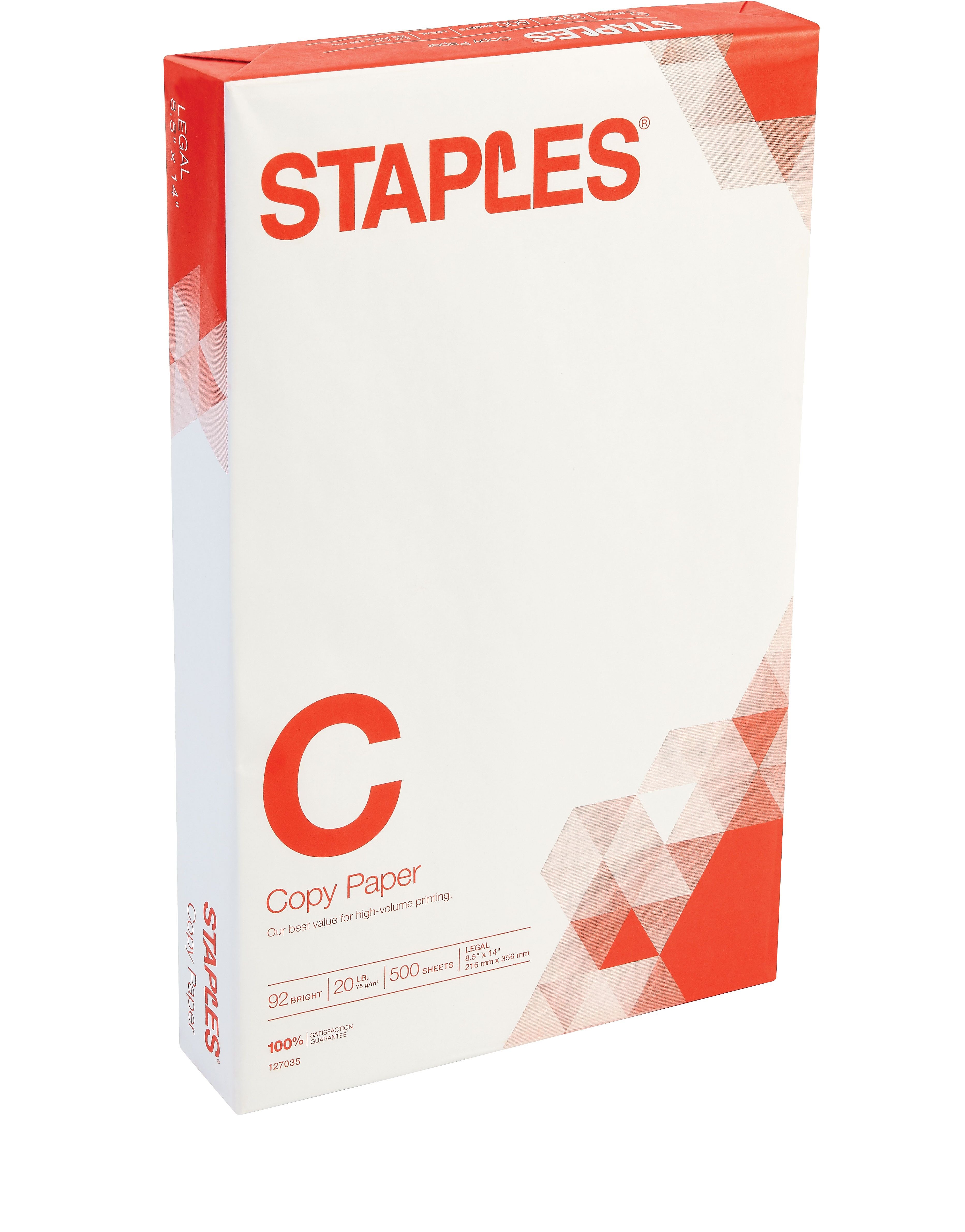 Staples Copy Paper, 8.5" x 14", 20 lbs., White, 500 Sheets/Ream (127035/08635-0)