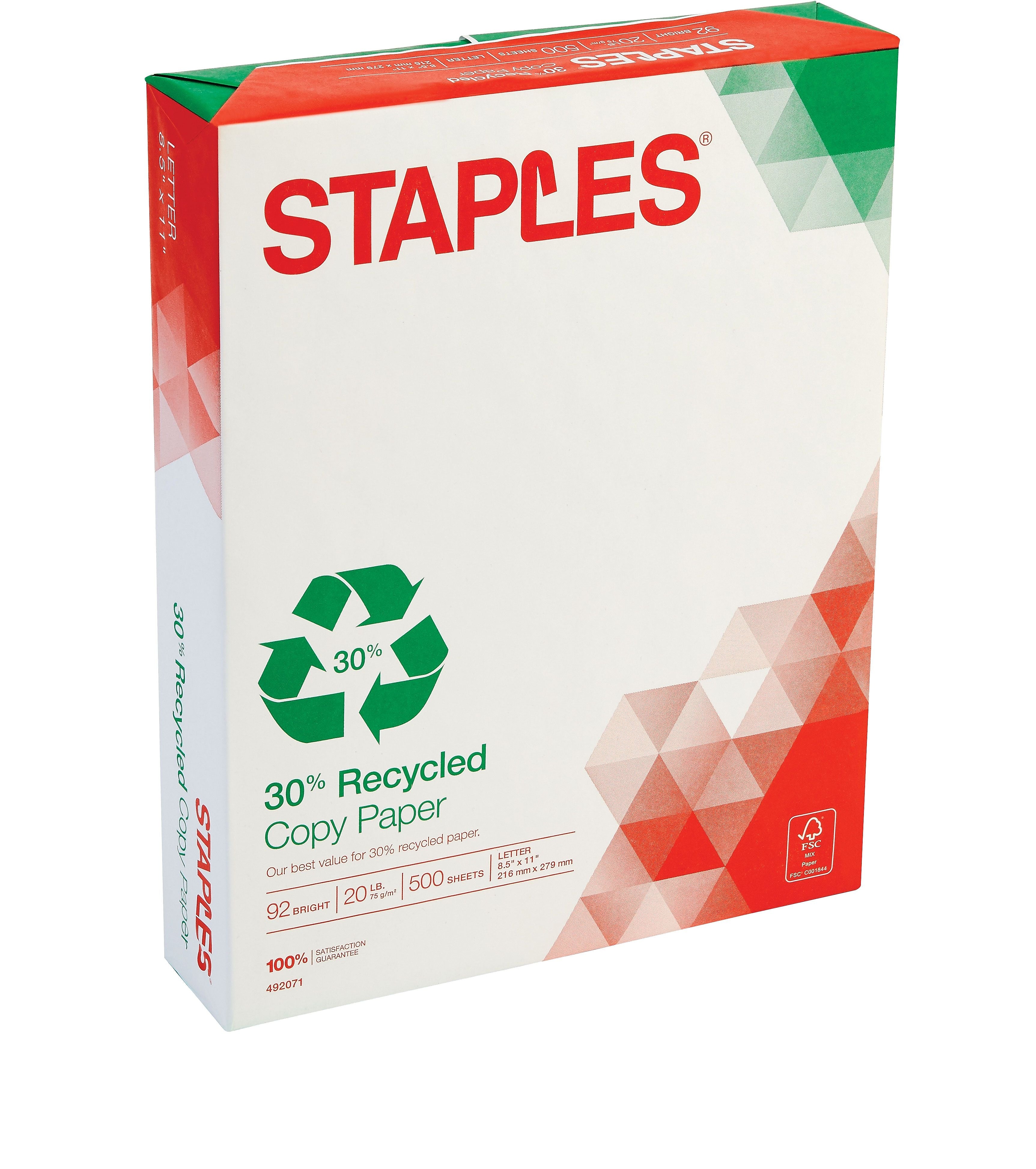 Staples 30% Recycled 8.5" x 11" Copy Paper, 20 lbs., 92 Brightness, 500/Ream (112350/1542)