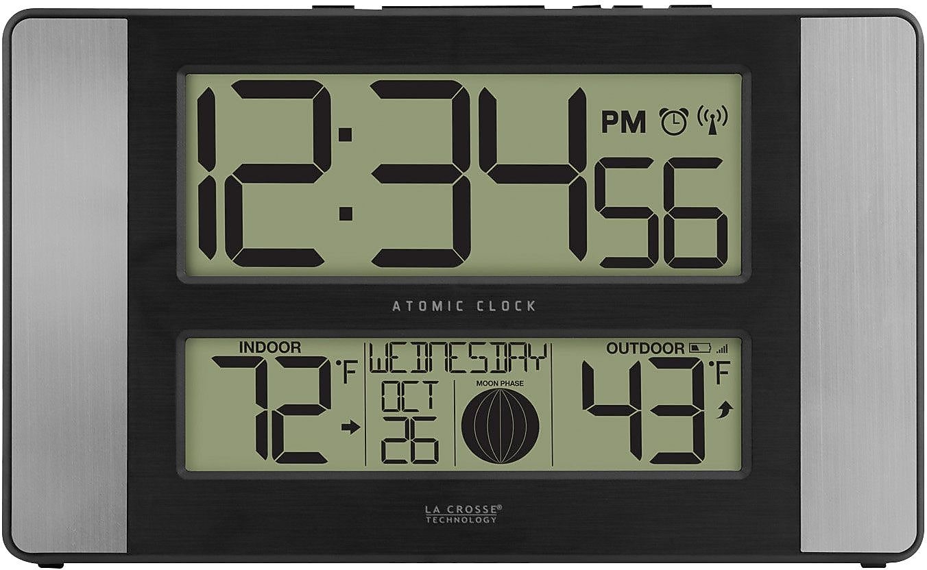 La Crosse Technology Atomic Digital Clock with Temperature and Moon Phase, Aluminum finish (513-1417AL)