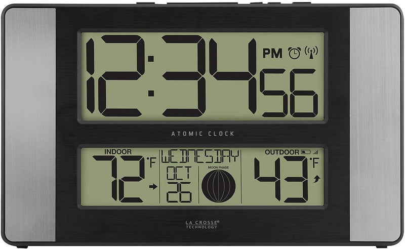 La Crosse Technology Atomic Digital Clock with Temperature and Moon Phase, Aluminum finish (513-1417AL)