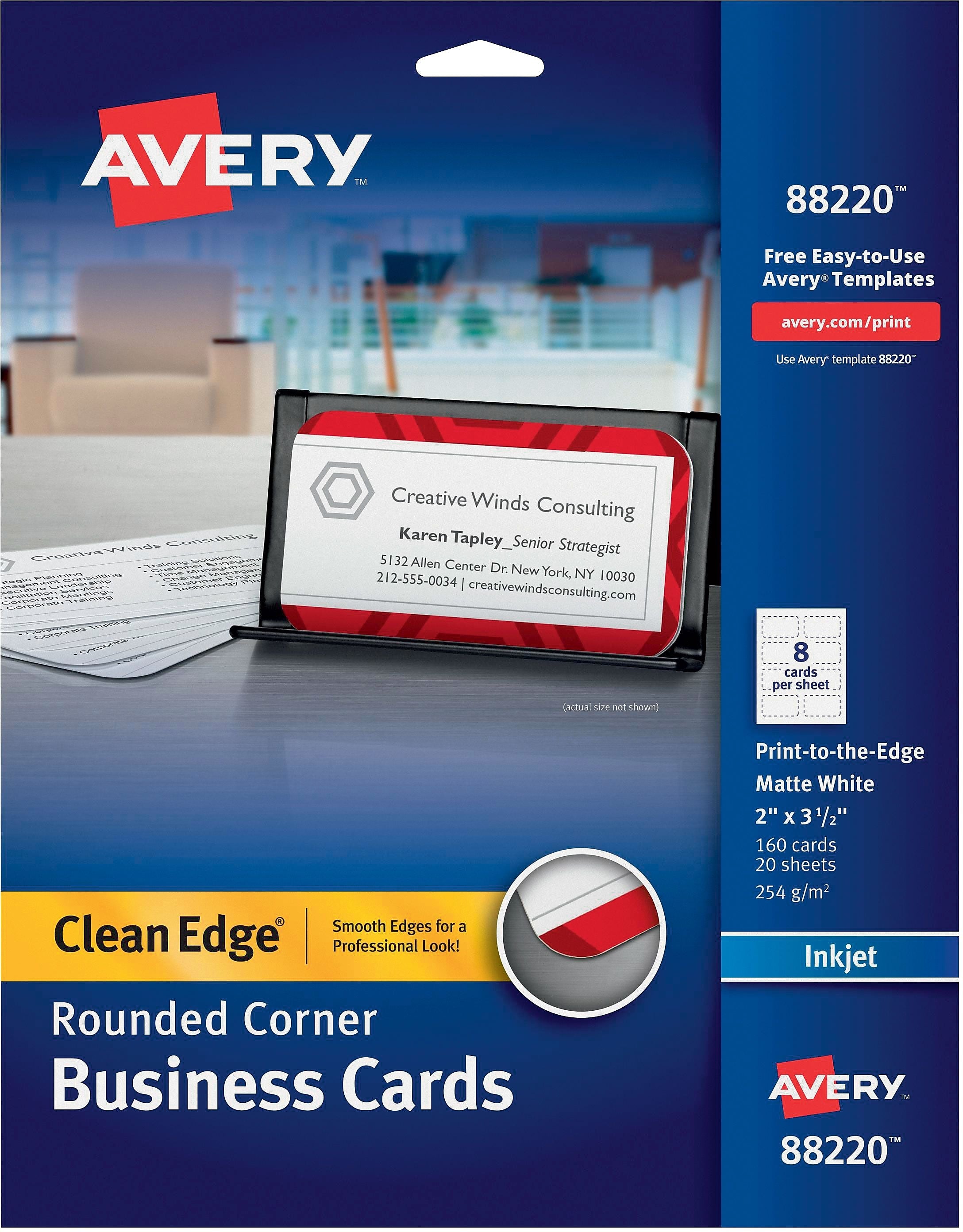 Avery Two-Side Rounded Corners Printable Clean Edge™ Business Cards, Inkjet, Matte White, 2" x 3 1/2", 160/Pk