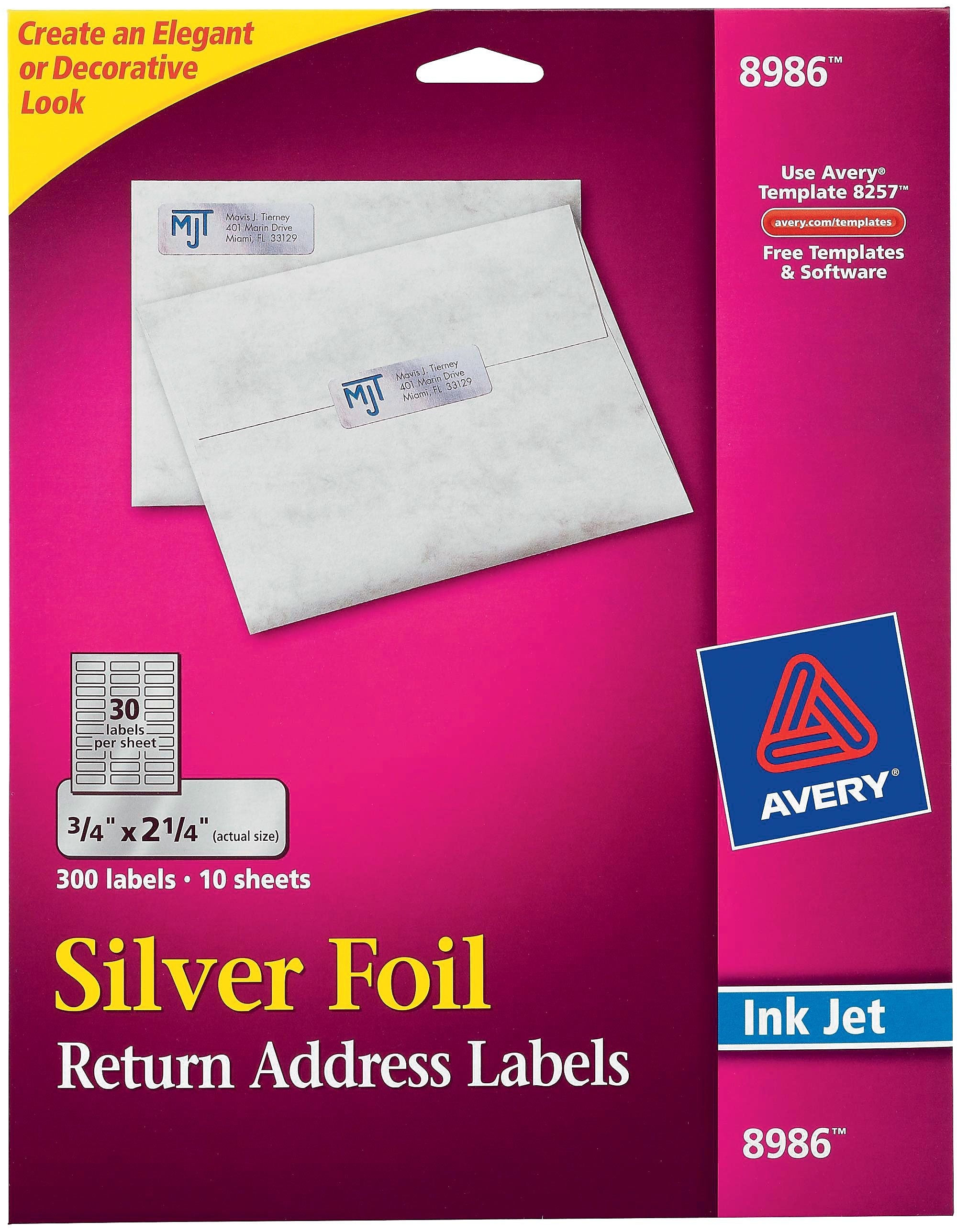 Avery Inkjet Foil Mailing Labels, Silver, 3/4" x 2-1/4", 30 Labels/Sheet, 10 Sheets/Pack, 300 Labels/Pack (8986)
