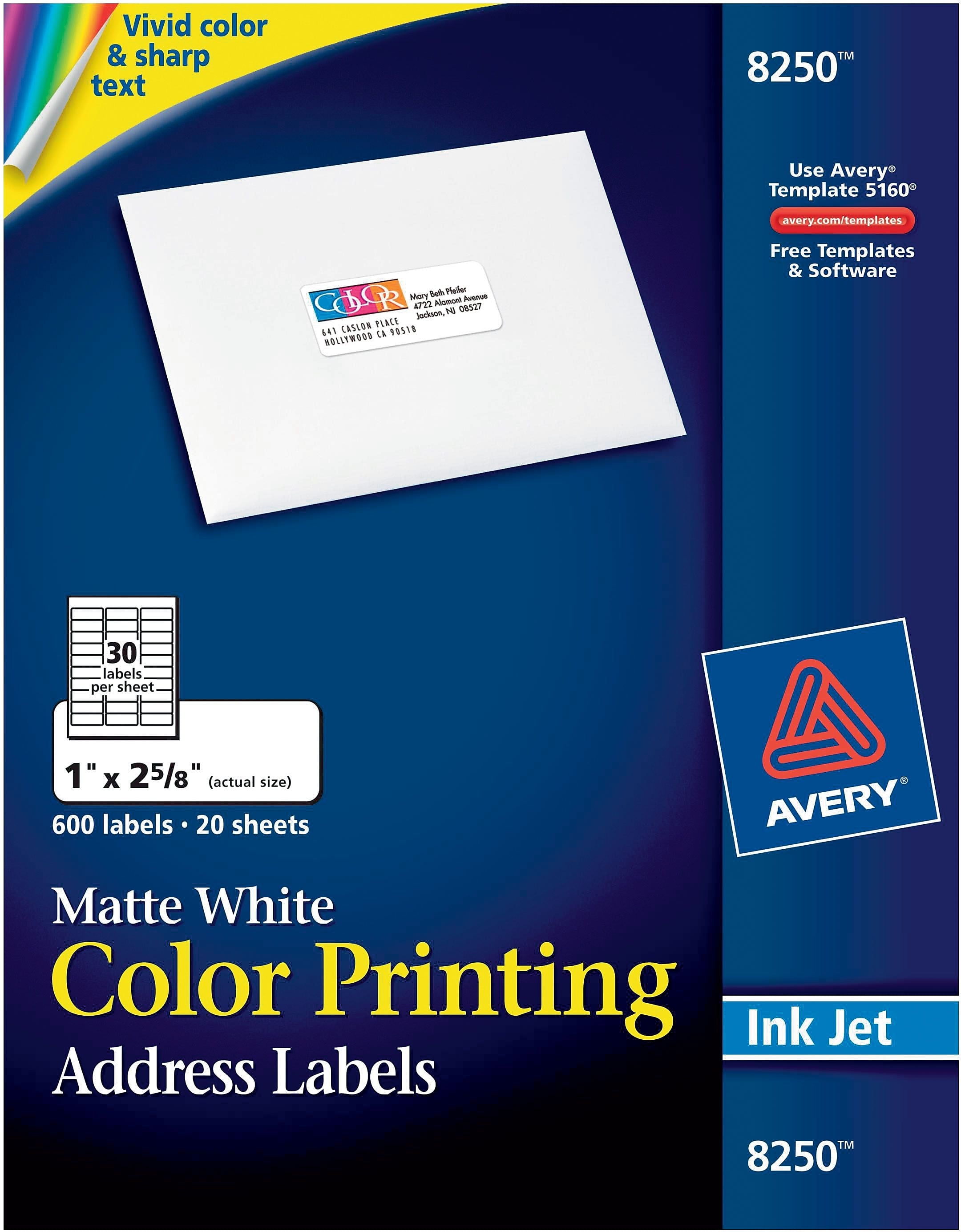Avery Sure Feed Inkjet Address Labels, 1" x 2-5/8", White, 600 Labels/Pack (8250)