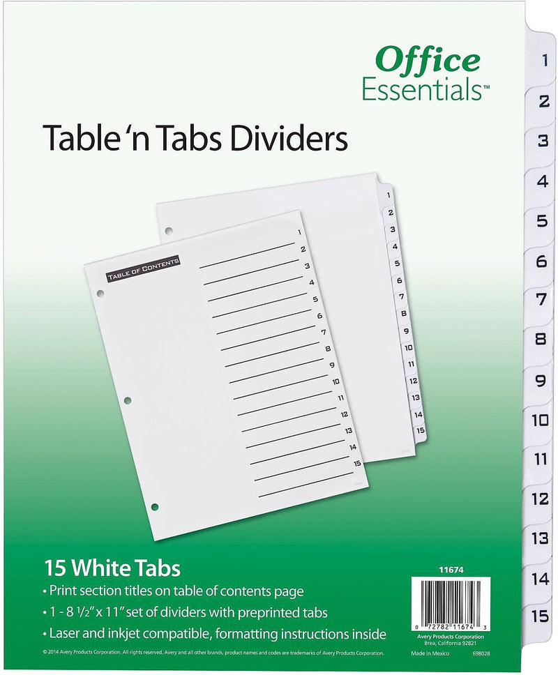 Office Essentials® Table 'N Tabs Dividers, 1-15 Tab, White, 8 1/2" x 11", 1/St