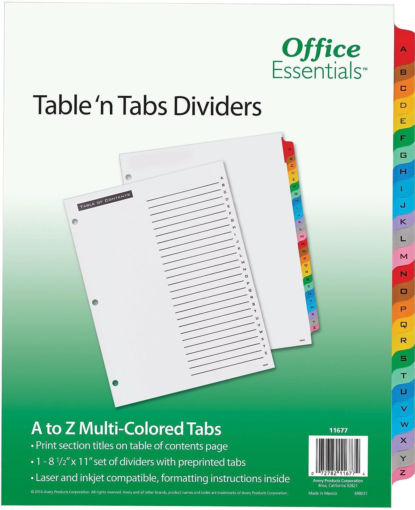 Avery Office Essentials Table 'n Tabs Index Tab, A-Z Index, Multicolor, 26 Tabs/Set (AVE11677)