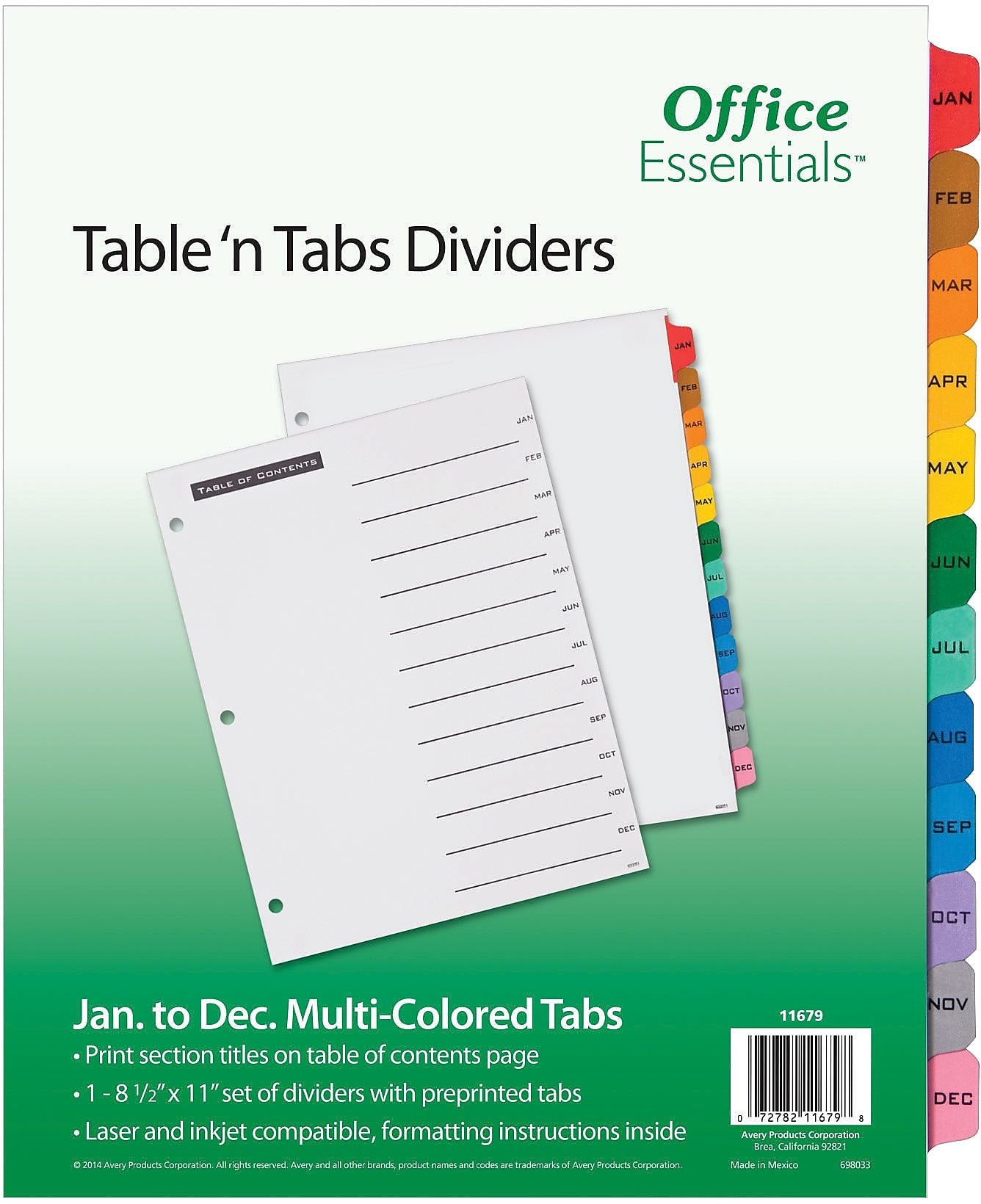 Avery Office Essentials Table 'n Tabs Pre-Printed Monthly Paper Divider, Jan-Dec Tabs, Multicolor, 1 Set (AVE11679)