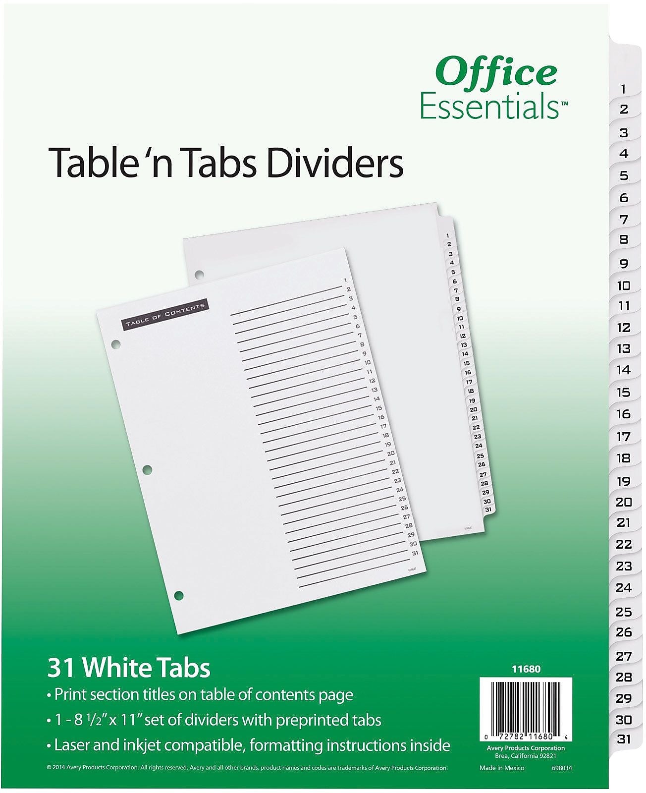 Office Essentials® Table 'N Tabs Dividers, 1-31 Tab, White, 8 1/2" x 11", 1/St