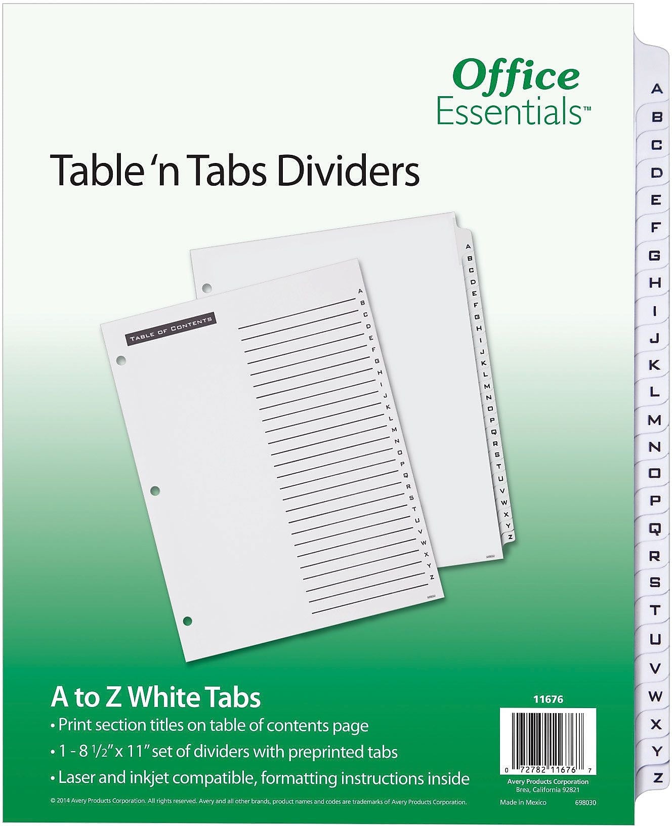 Office Essentials® Table 'N Tabs Dividers, A-Z Tab, White, 8 1/2" x 11", 1/St