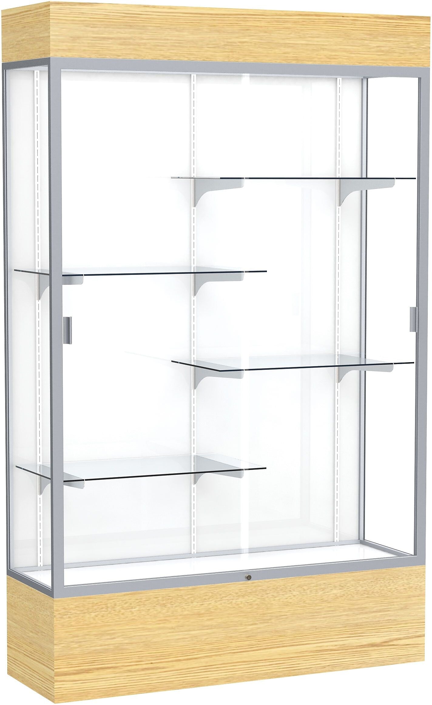 Ghent Reliant 48"W x 80"H x 16"D Lighted Floor Case, White Back, Satin Finish, Lt. Oak Vinyl Base