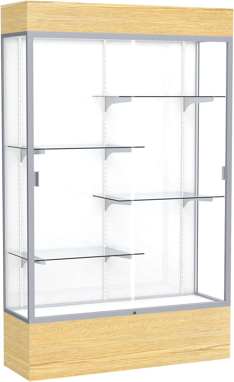 Ghent Reliant 48"W x 80"H x 16"D Lighted Floor Case, White Back, Satin Finish, Lt. Oak Vinyl Base