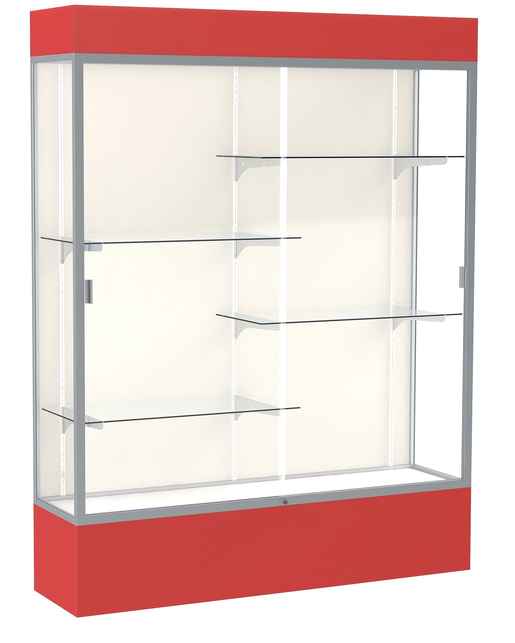 Ghent Spirit 60"W x 80"H x 16"D Lighted Floor Case, Plaque Back, Satin Finish, Red Base and Top
