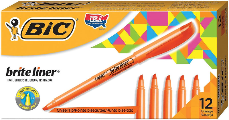 BIC Brite Liner Stick Highlighter, Chisel Tip, Orange, Dozen (90338/BL11OR)