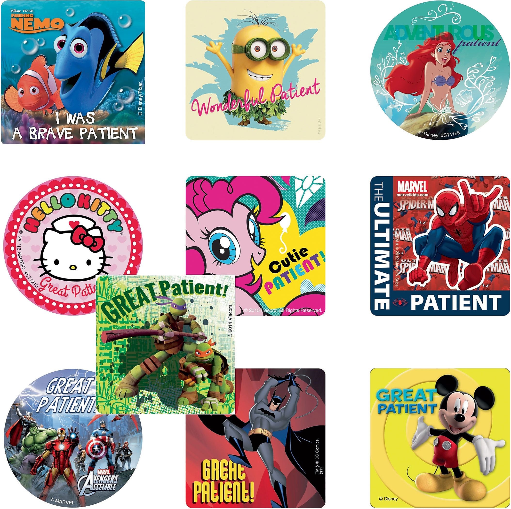 SmileMakers Medical Licensed Character Sticker Sampler, 2 1/2" x 2 1/2", Assorted, 100/Pack, 10 Packs/Box (MCSS-B)