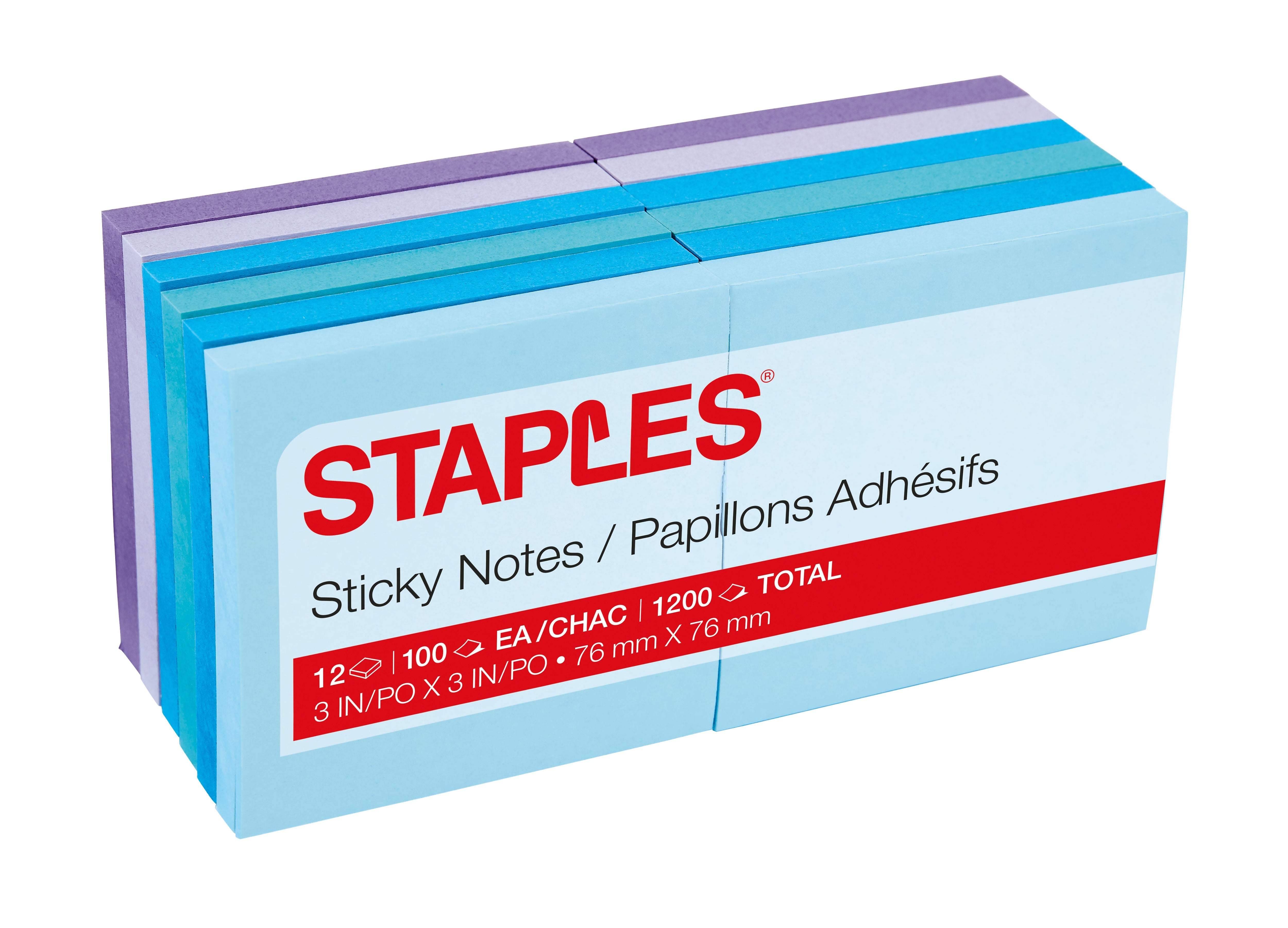 Staples® Stickies Notes, 3" x 3", Assorted Colors, 100 Sheet/Pad, 12 Pads/Pack (19758-US)