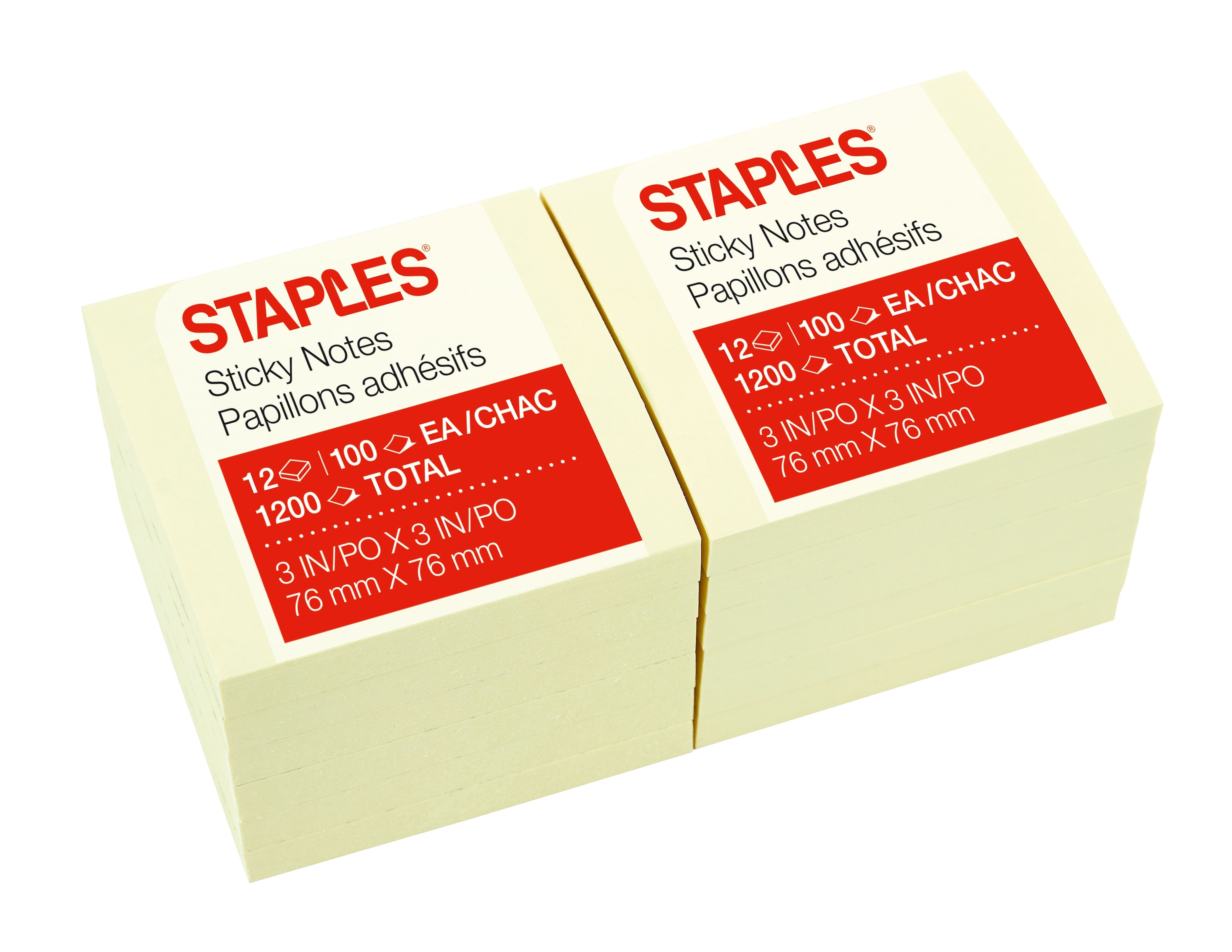 Staples® Sticky Notes, 3" x 3", Yellow, 100 Sheets/Pad, 12 Pads/Pack (STP11556CT)