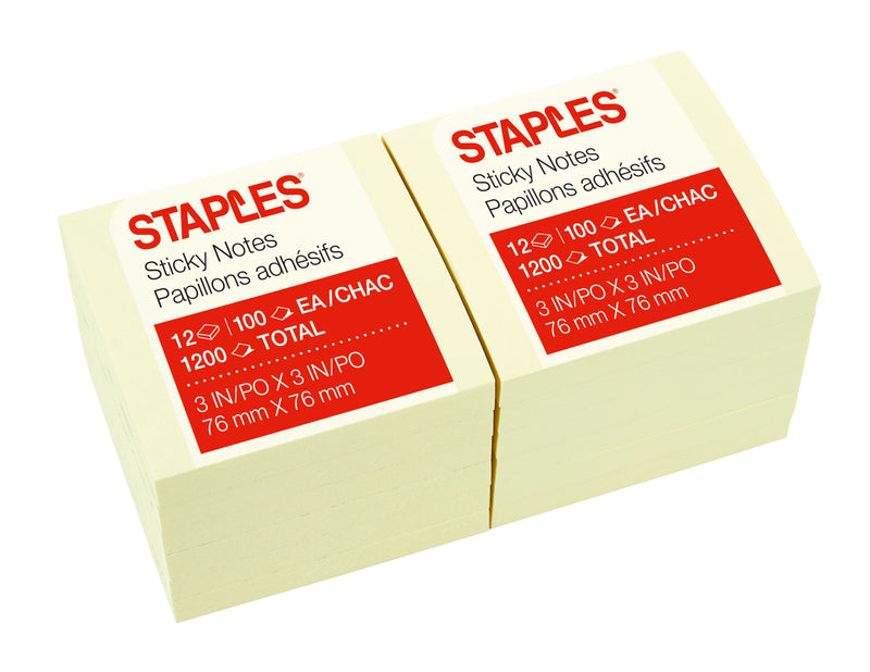 Staples® Sticky Notes, 3" x 3", Yellow, 100 Sheets/Pad, 12 Pads/Pack (STP11556CT)