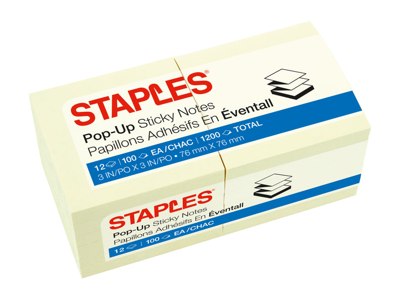 Staples Stickies Pop-up Notes, 3" x 3", Yellow, 100 Sheet/Pad, 216 Pads/Carton (17764CT)