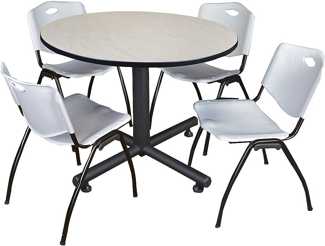 Regency Seating Kobe 48" Round Breakroom Table- Maple & 4 'M' Stack Chairs- Grey