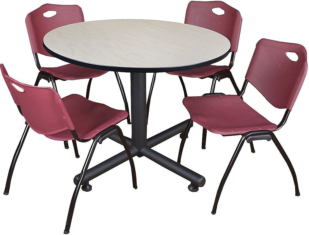 Regency Seating Kobe 48" Round Breakroom Table- Maple & 4 'M' Stack Chairs- Burgundy (TKB48RNDPL47BY)