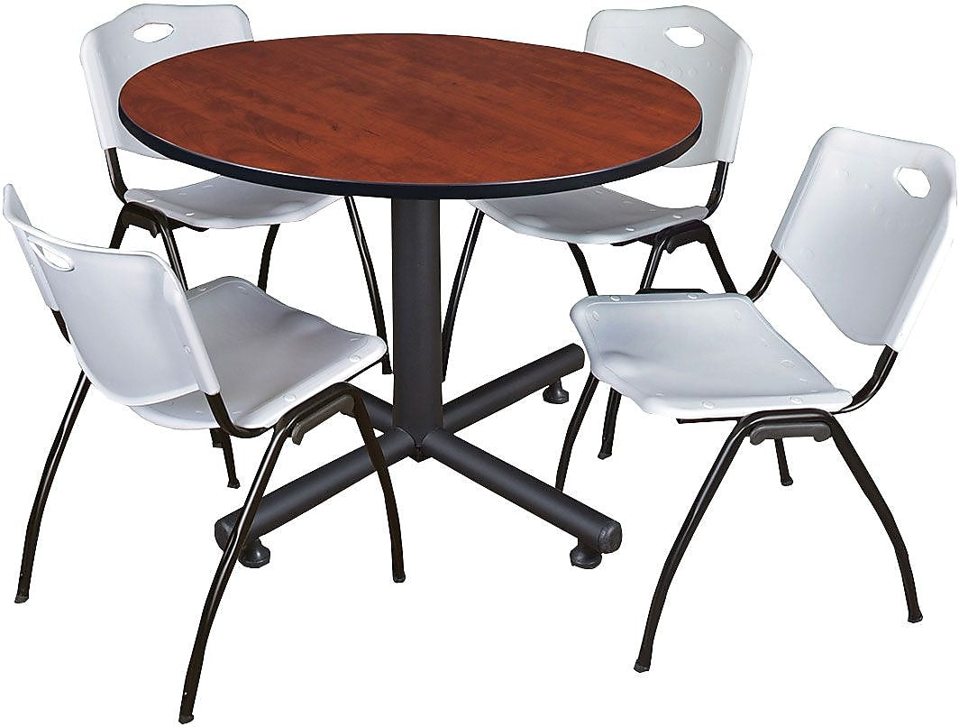 Regency Seating Kobe 48" Round Breakroom Table, Cherry & 4 'M' Stack Chairs, Grey (TKB48RNDCH47GY)