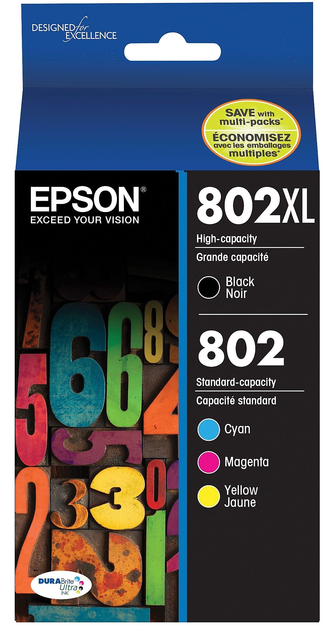 Epson T802XL/T802 Black High Yield and Cyan/Magenta/Yellow Standard Yield Ink Cartridge, 4/Pack  (T802XL- BCS)