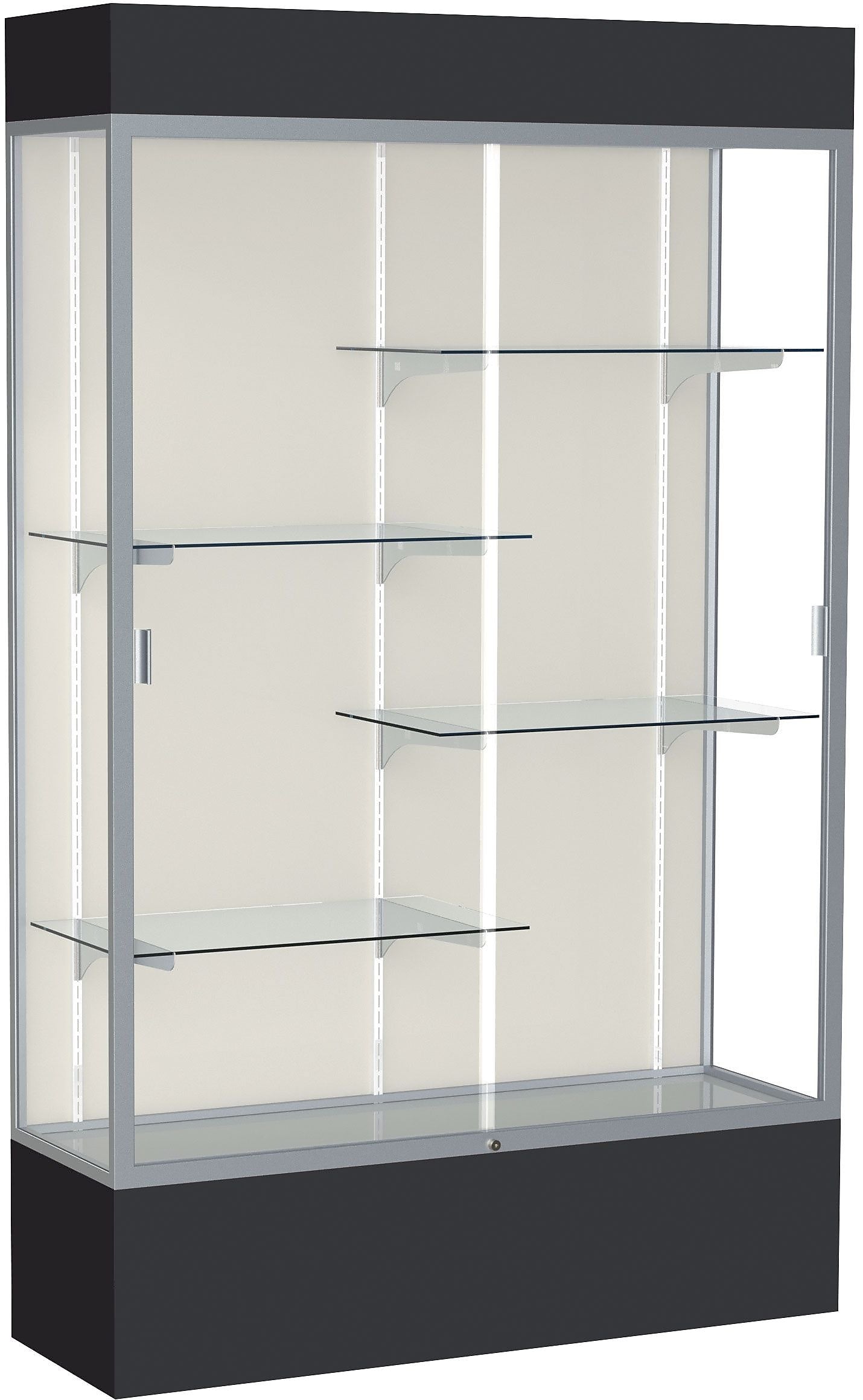 Ghent Spirit 48"W x 80"H x 16"D Lighted Floor Case, Plaque Back, Satin Finish, Black Base and Top