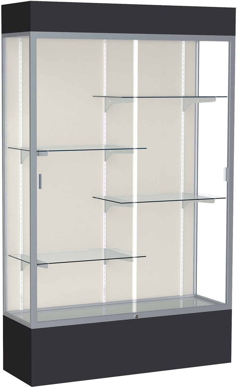 Ghent Spirit 48"W x 80"H x 16"D Lighted Floor Case, Plaque Back, Satin Finish, Black Base and Top