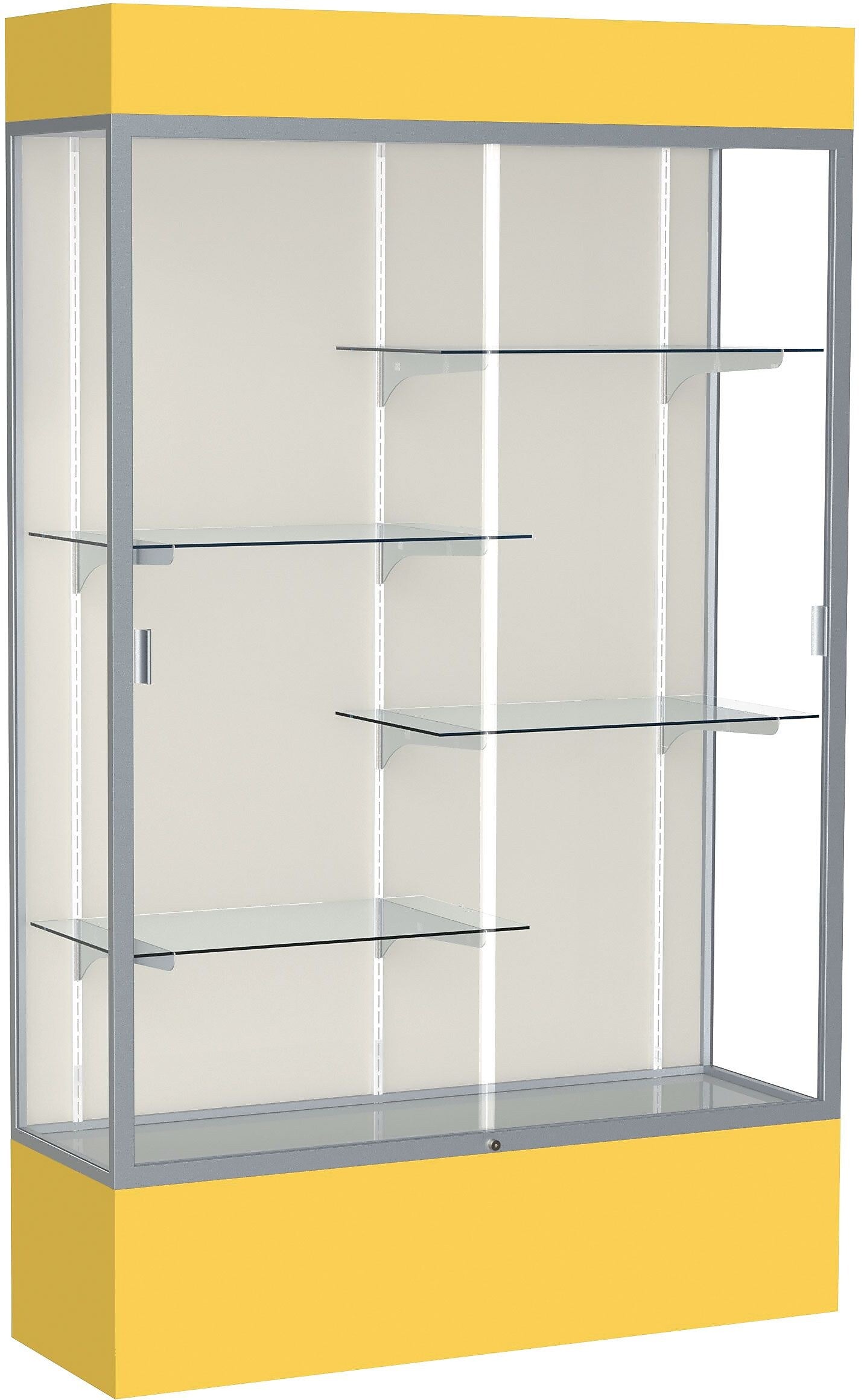 Ghent Spirit 48"W x 80"H x 16"D Lighted Floor Case, Plaque Back, Satin Finish, Goldenrod Base and Top