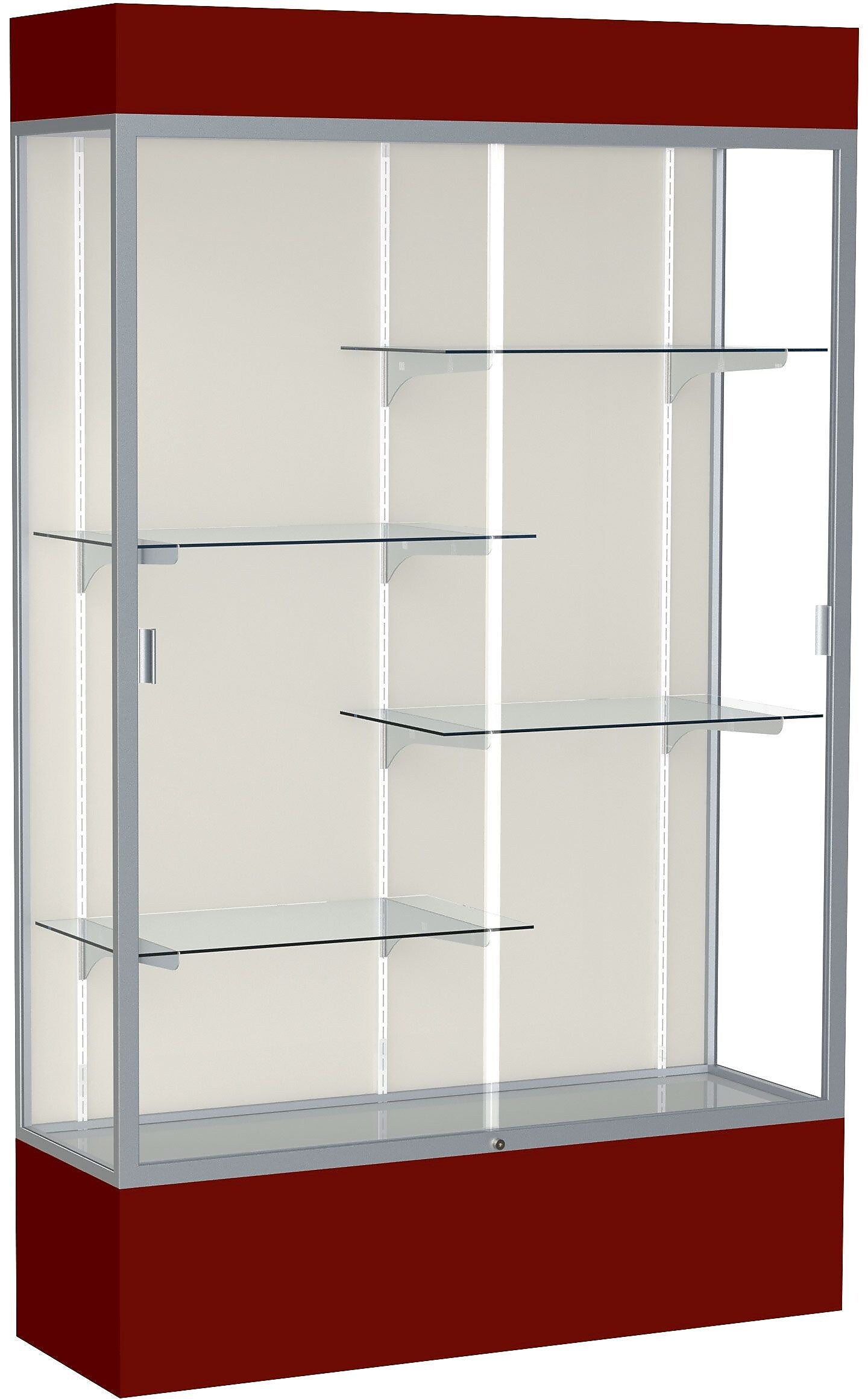 Waddell Spirit 48"W x 80"H x 16"D Lighted Floor Case, Plaque Back, Satin Finish, Maroon Base and Top
