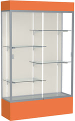 Ghent Spirit 48"W x 80"H x 16"D Lighted Floor Case, Plaque Back, Satin Finish, Orange Base and Top