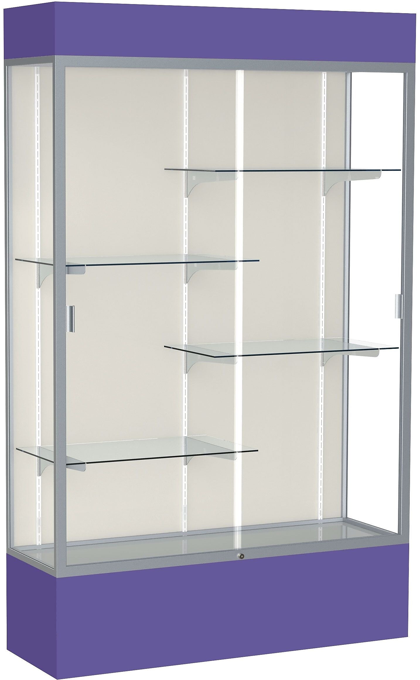 Ghent Spirit 48"W x 80"H x 16"D Lighted Floor Case, Plaque Back, Satin Finish, Purple Base and Top
