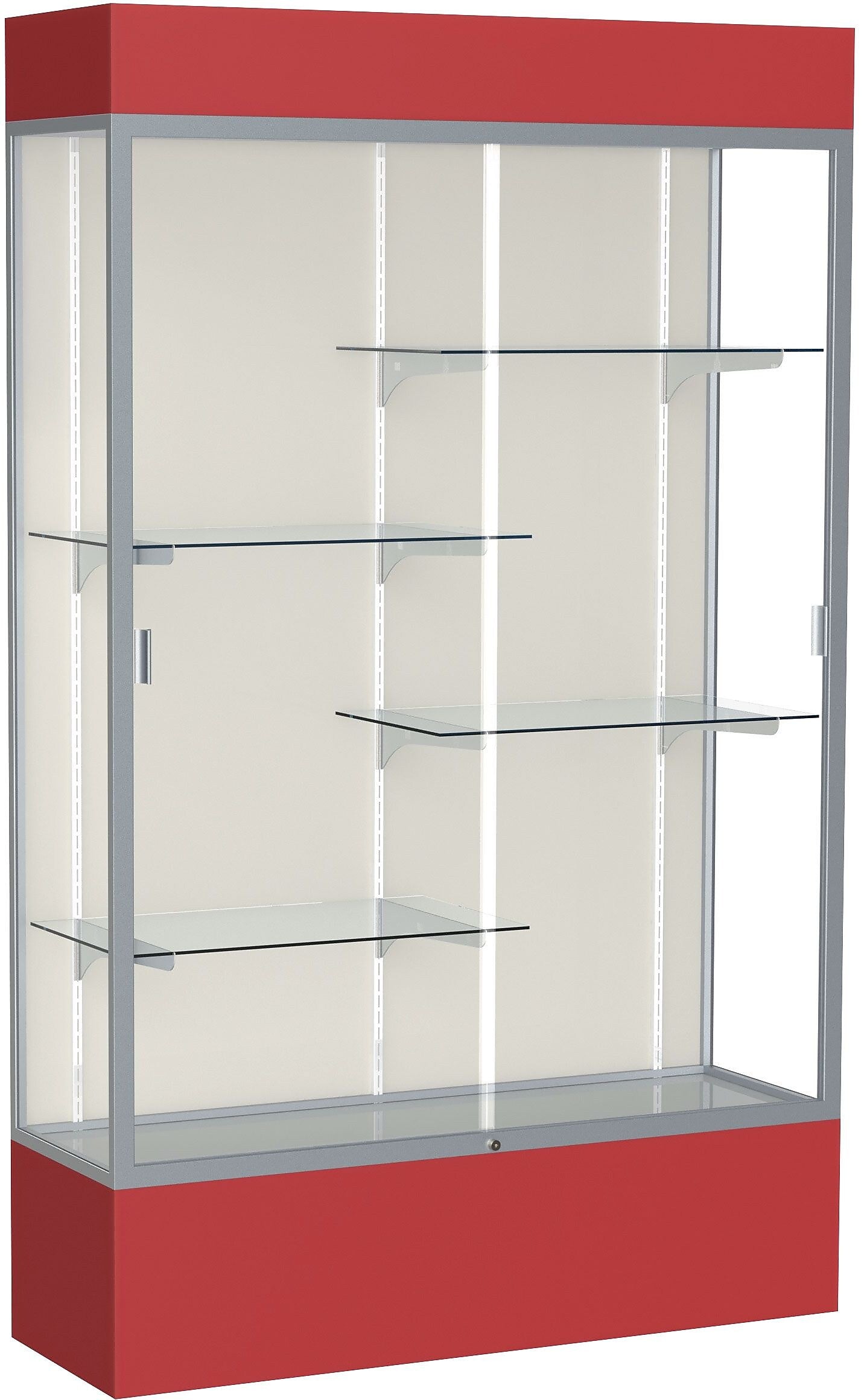 Ghent Spirit 48"W x 80"H x 16"D Lighted Floor Case, Plaque Back, Satin Finish, Red Base and Top
