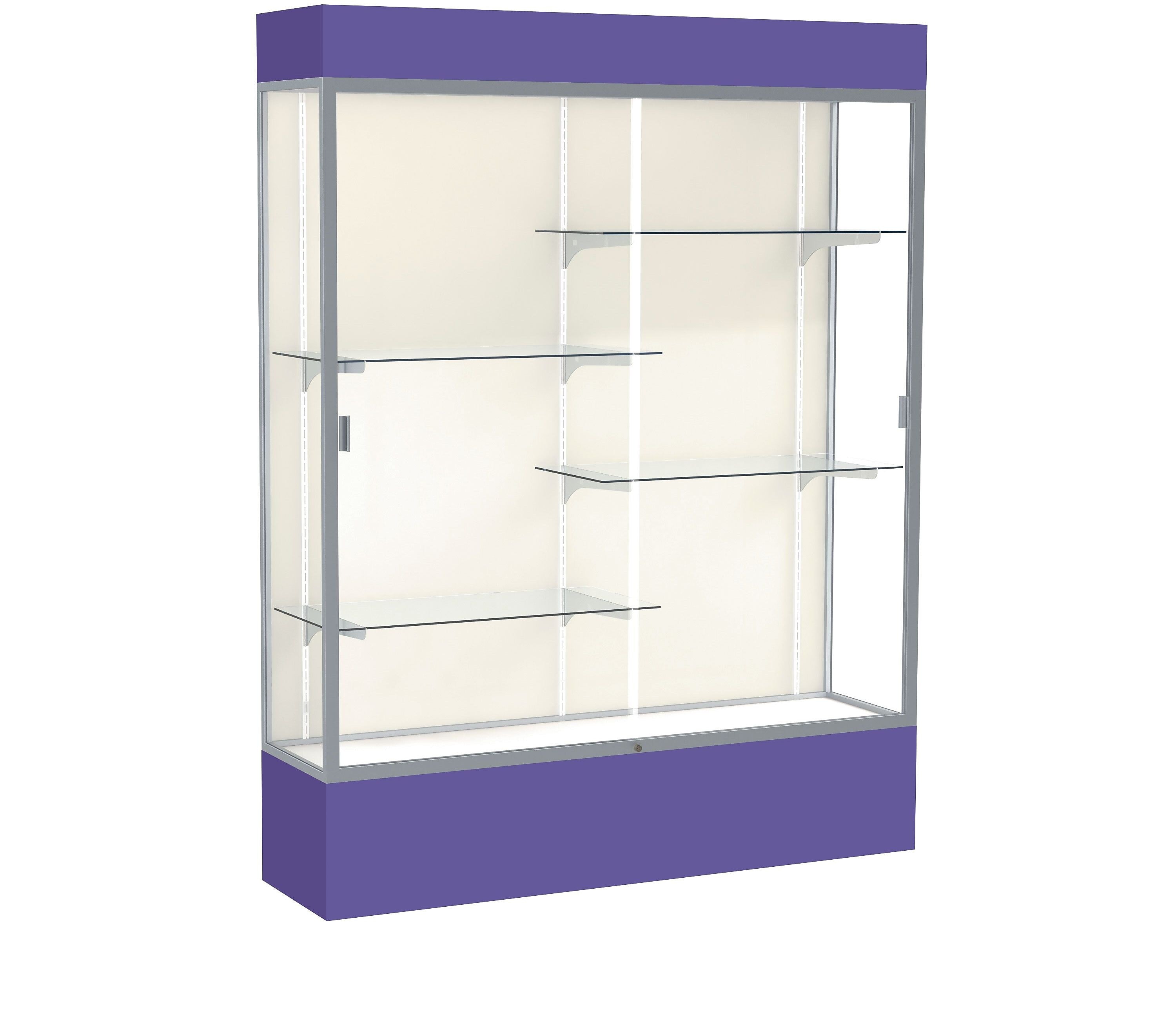Ghent Spirit 60"W x 80"H x 16"D Lighted Floor Case, Plaque Back, Satin Finish, Purple Base and Top