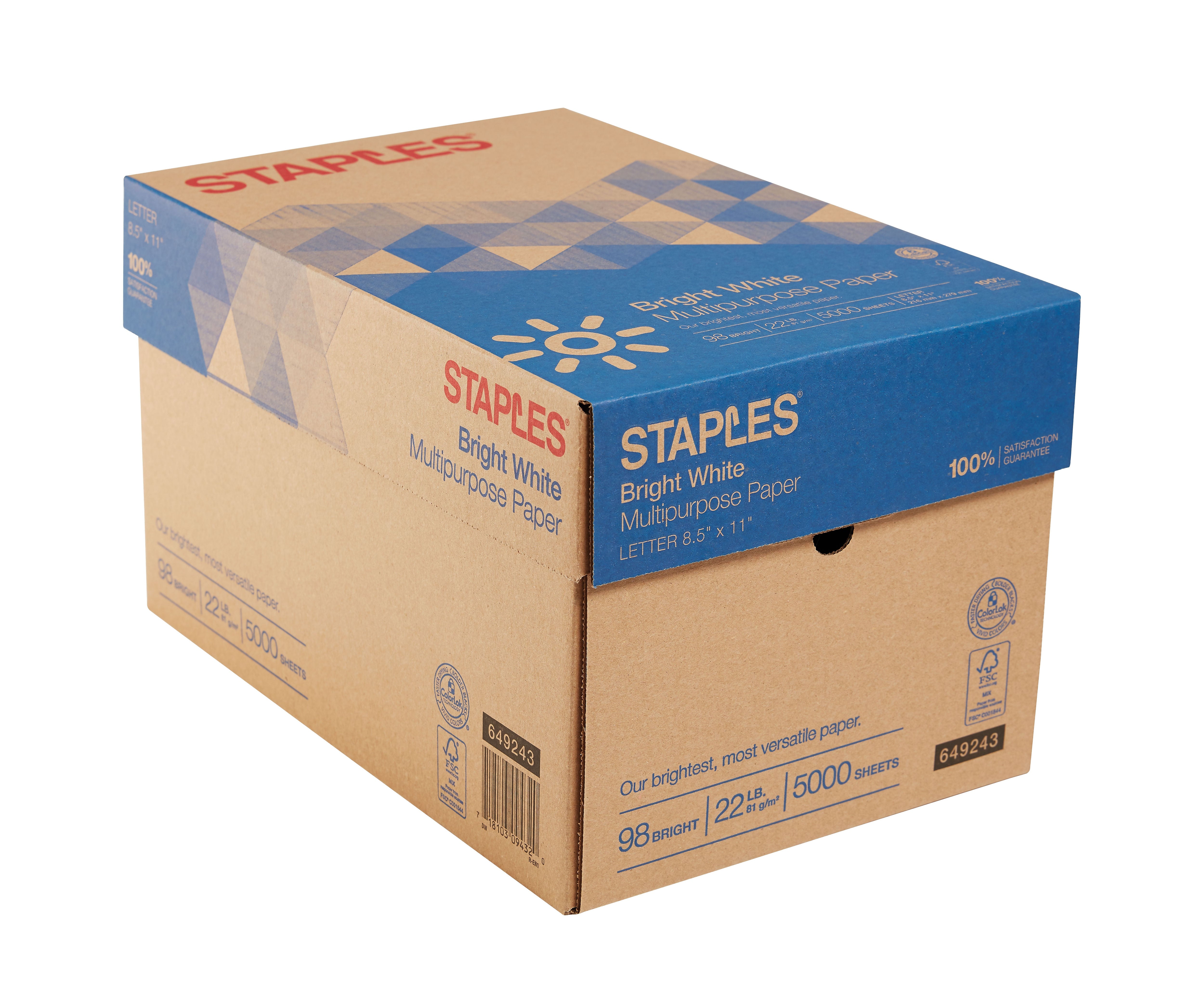 Staples Multipurpose Paper, 8.5" x 11", 22 lbs., Bright White, 500 Sheets/Ream, 10 Reams/Carton (22098)