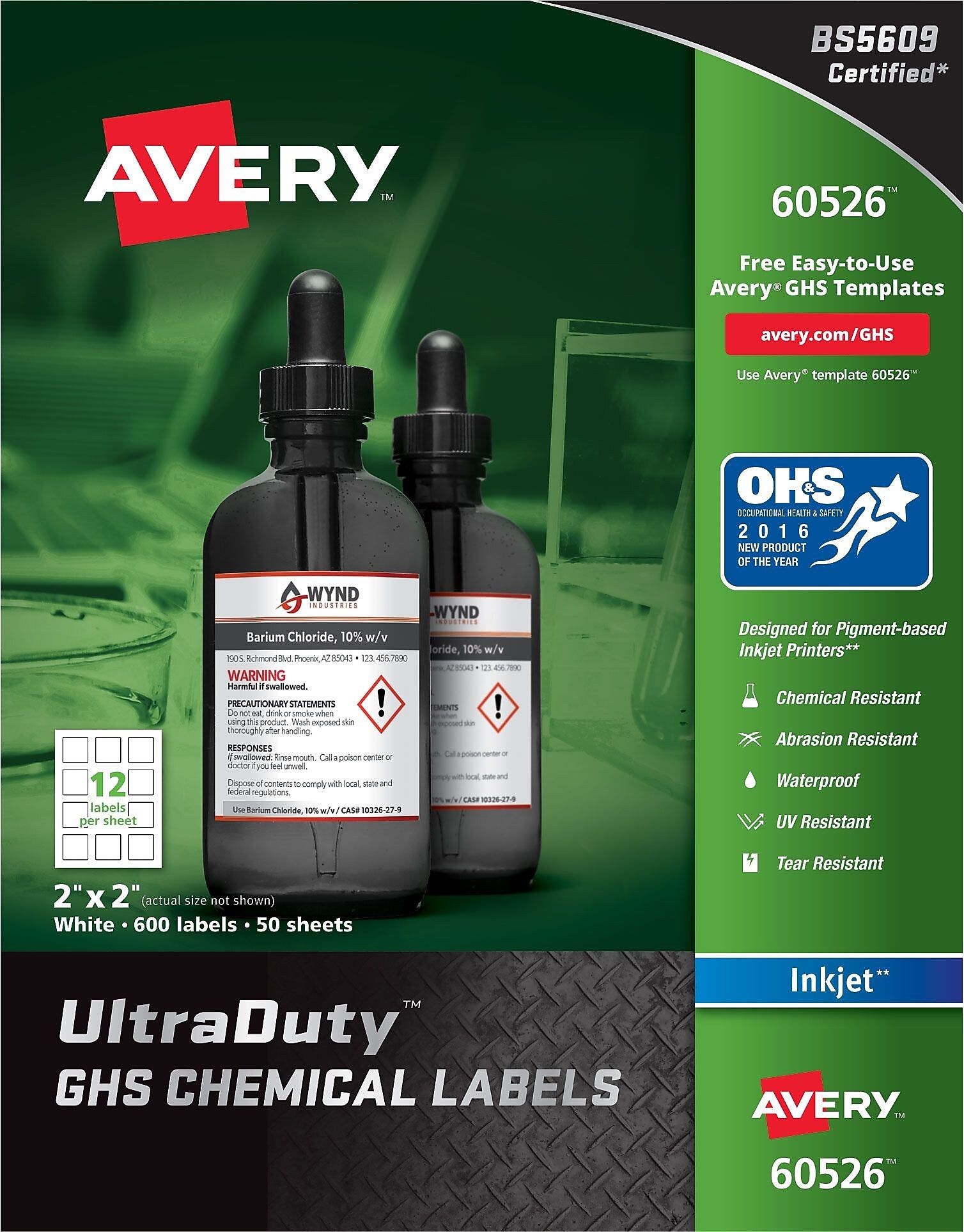 Avery UltraDuty GHS Labels for Pigment-Based Inkjet Printers, Waterproof, 2" x 2", 600/Box (60526)