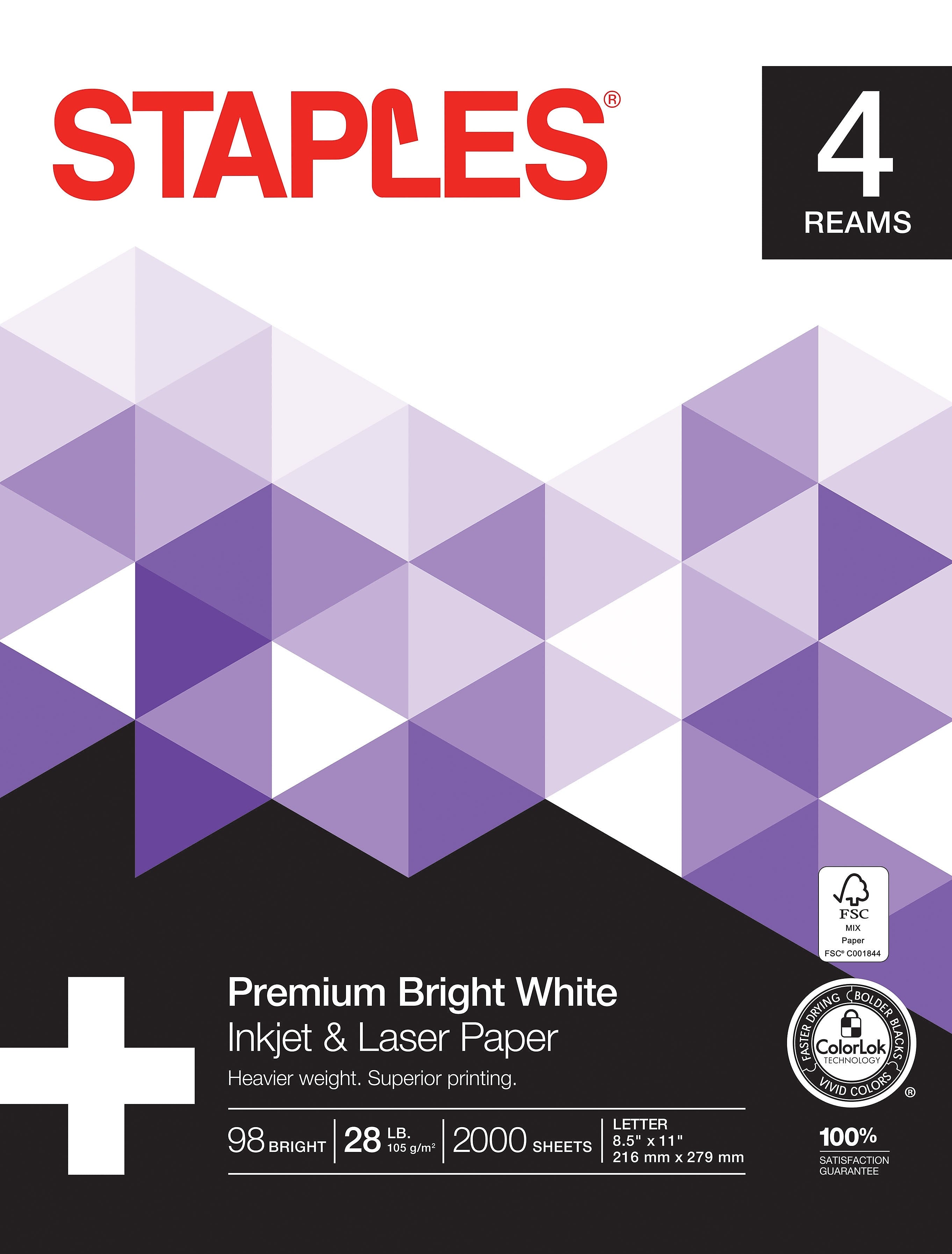 Staples Laser Paper, 8.5" x 11", 28 lbs., Bright White, 500 Sheets/Ream, 4 Reams/Carton (733331)