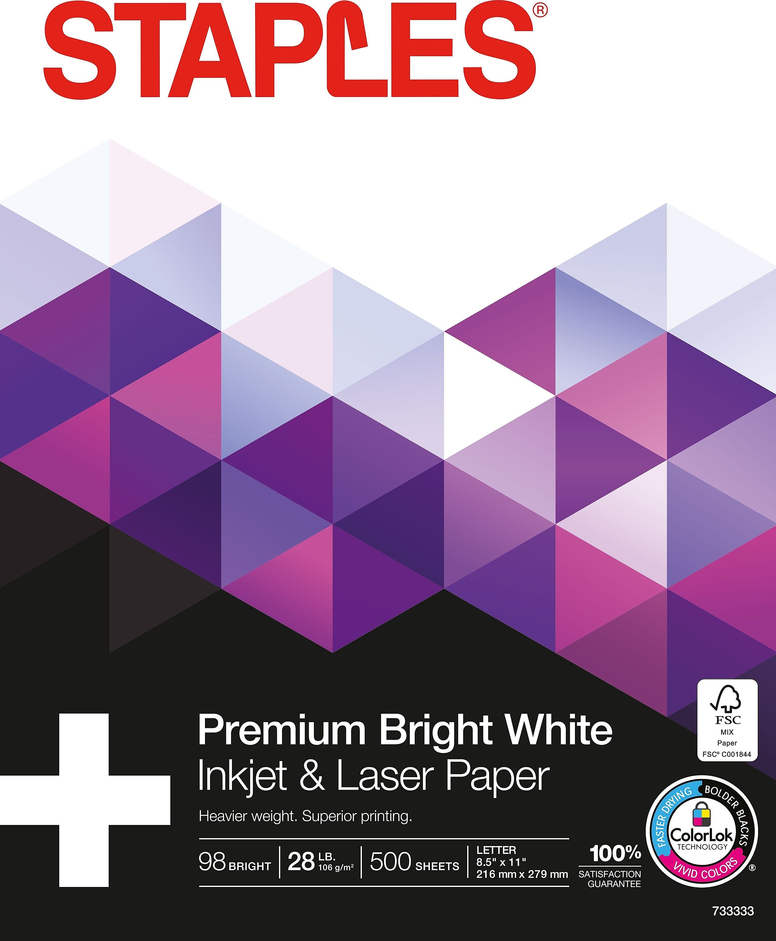 Staples 8.5" x 11" Laser Paper, 28 lbs., 98 Brightness, 500/Ream (733333)