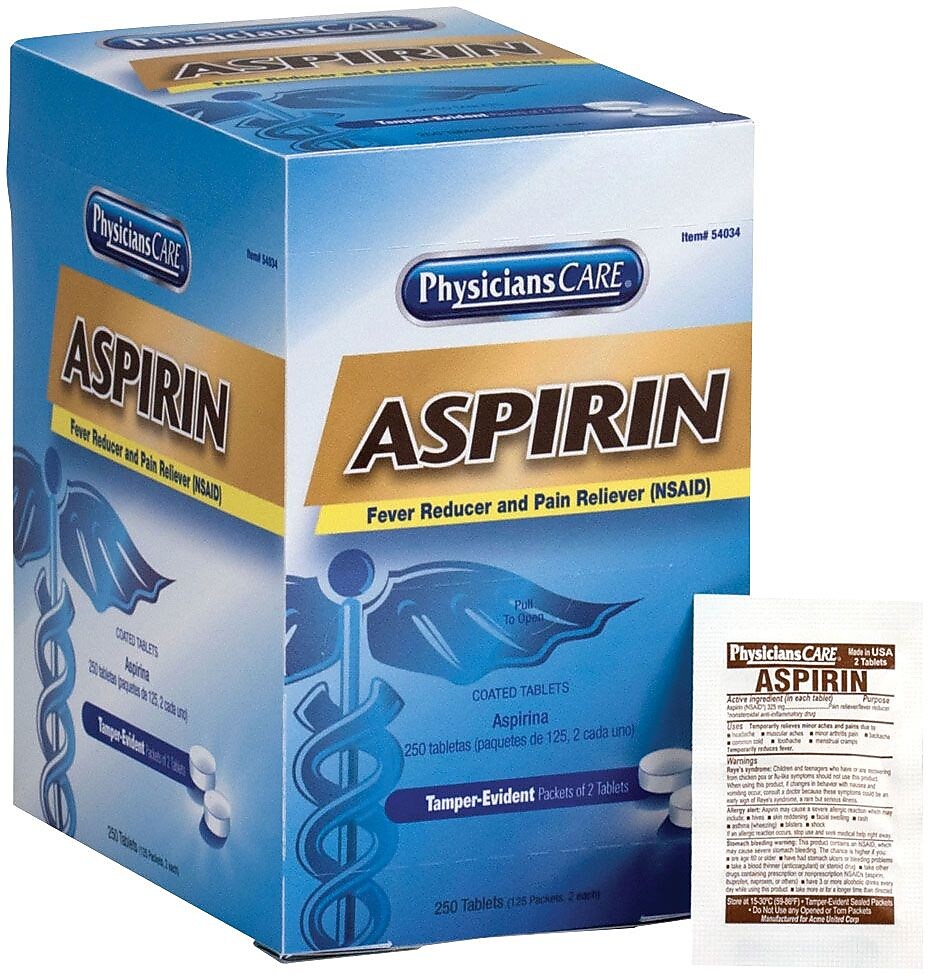 First Aid Only® PhysiciansCare® Aspirin, 2 Tablets/Packet, 125 Packets/Box (54034)