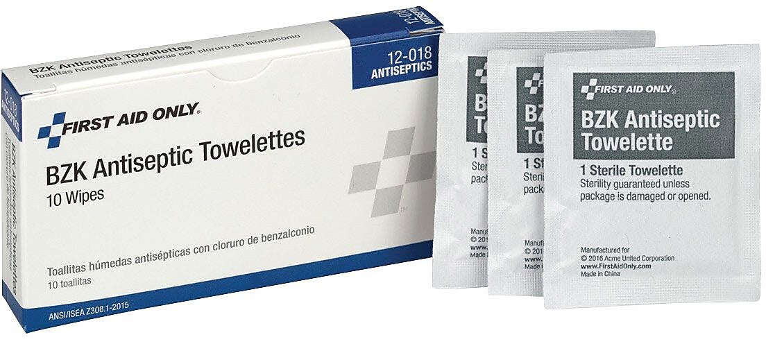 First Aid Only 0.13% BZK Antiseptic Towelettes, 10/Pack (12-018)