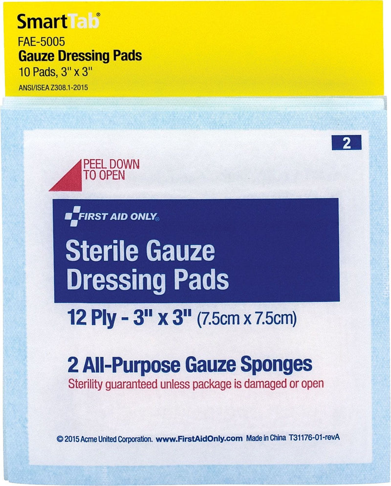 First Aid Only Gauze; Smart Compliance, 3" Gauze Pads, 5/Pack, 2/Box (FAO5005)