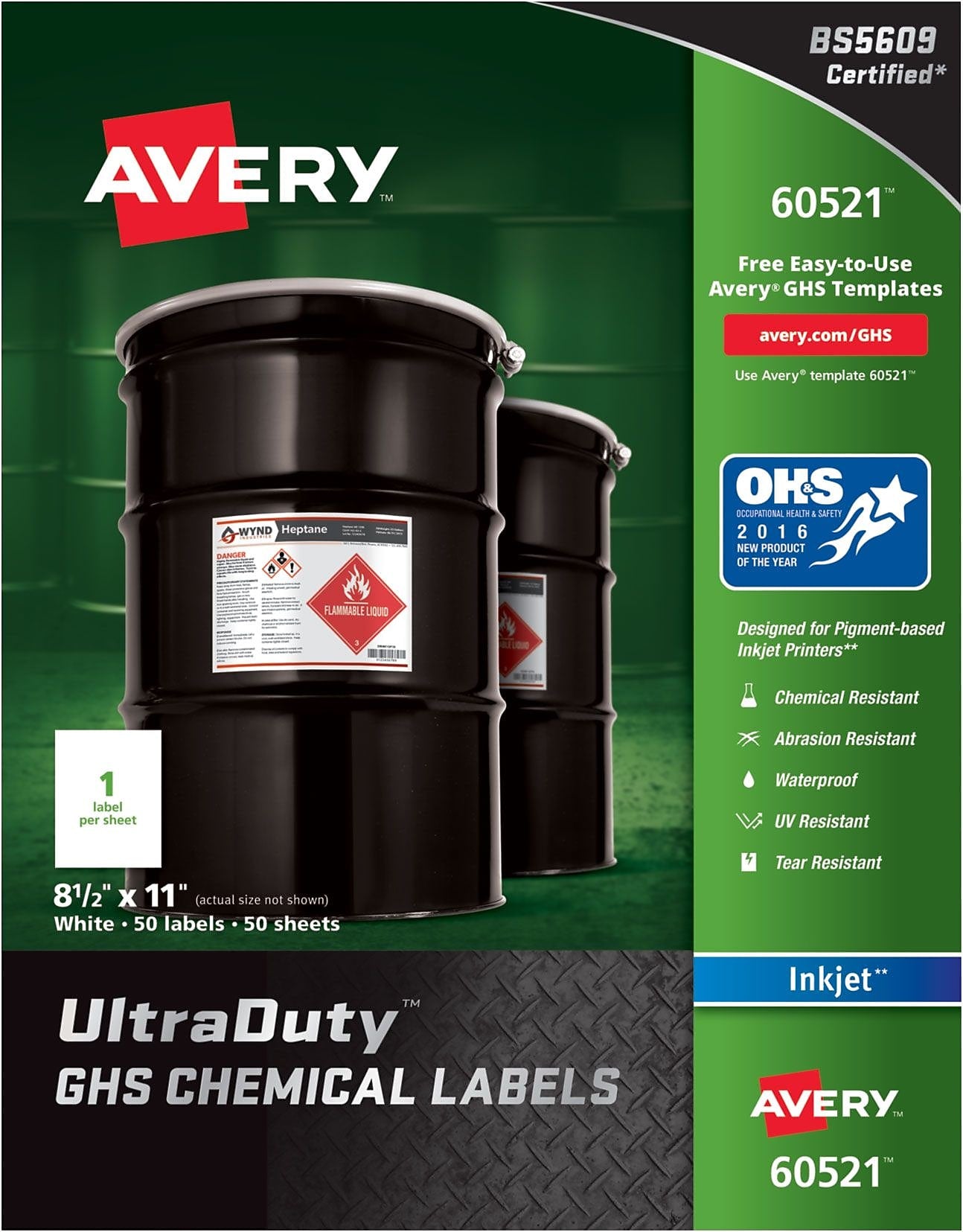 Avery UltraDuty GHS Chemical Labels for Pigment-Based Inkjet Printers, Waterproof, 8-1/2" x 11", 50/Box (60521)