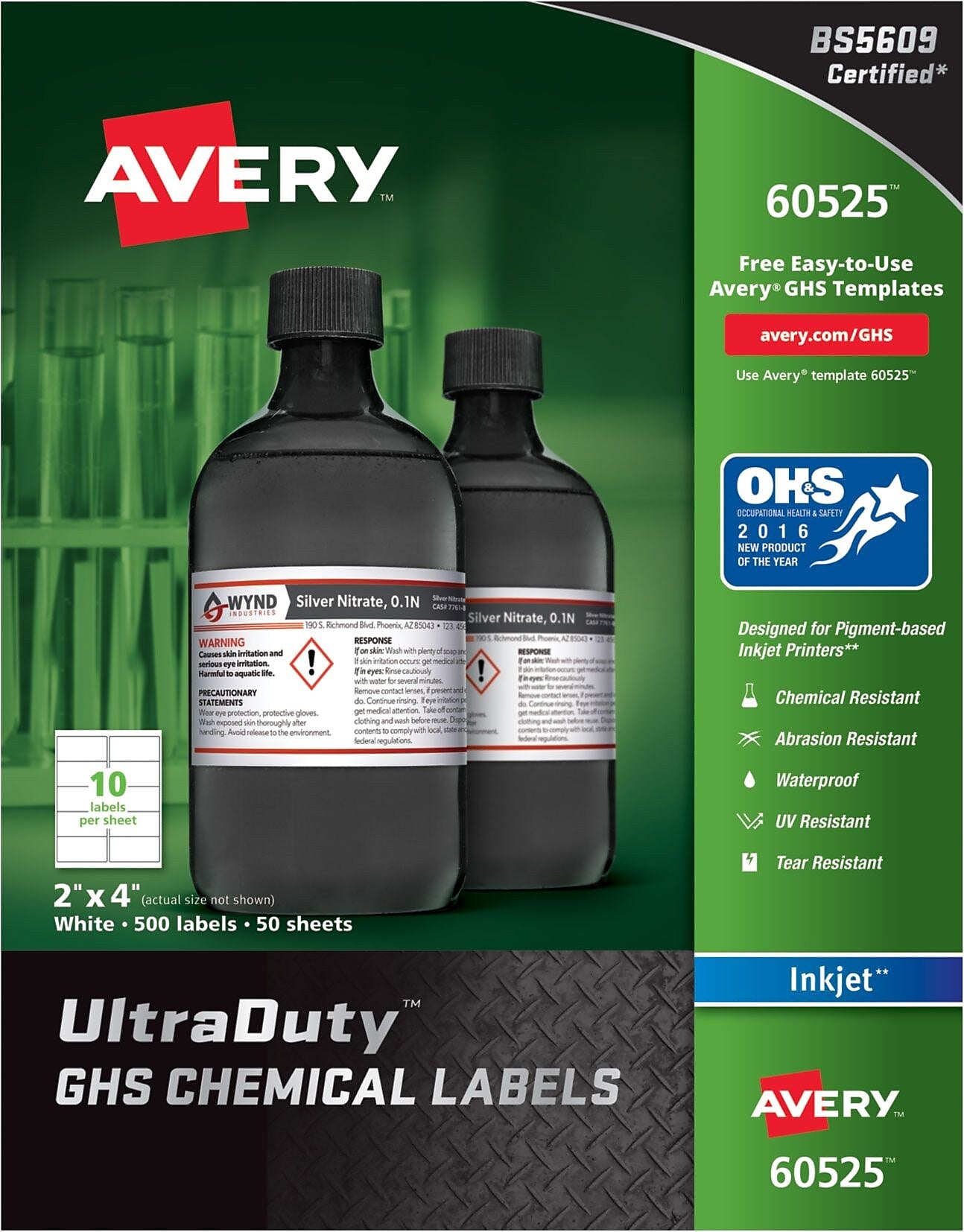 Avery UltraDuty GHS Chemical Labels for Pigment-Based Inkjet Printers, Waterproof, UV Resistant, 2" x 4", 500/Box (60525)