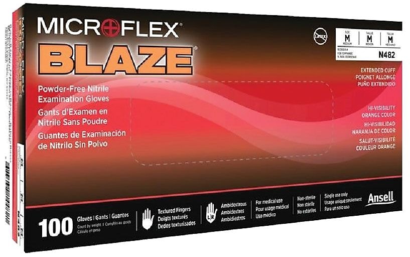 Ansell Blaze® Hi-Viz Orange Nitrile Exam Gloves, Powder-Free, Size Large, 100/BX (748-N483)