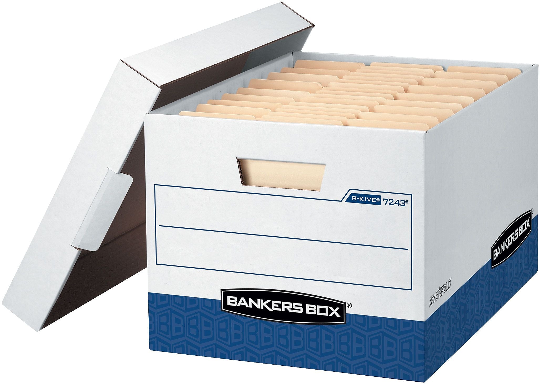 Bankers Box R-Kive Heavy Duty 60% Recycled FastFold Corrugated File Box Lift Off Lid, Letter/Legal Size, White/Blue, 20/Carton