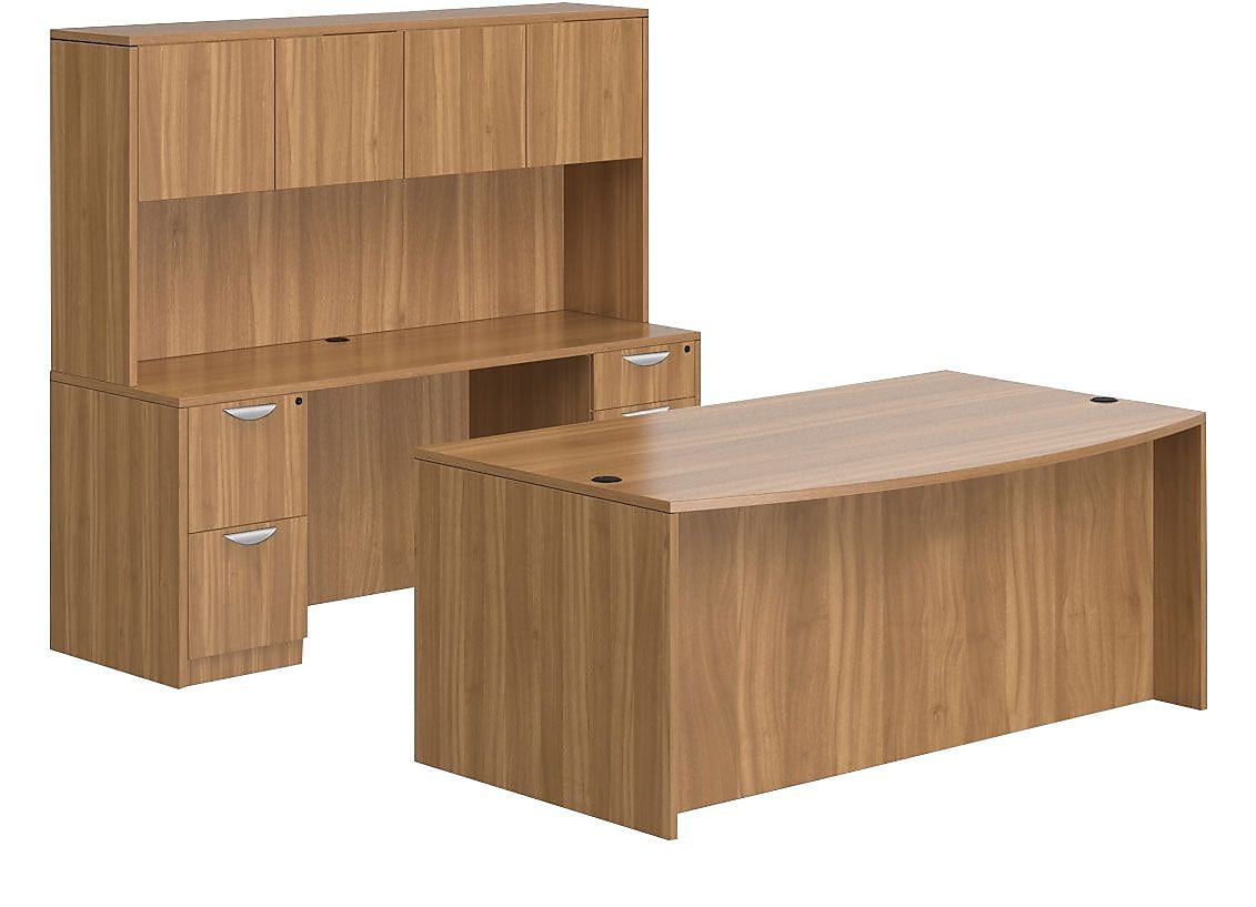Offices To Go Superior Laminate Bow Front Desk and Credenza with Hutch, Autumn Walnut