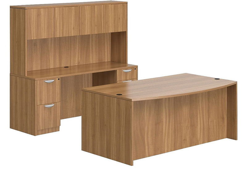 Offices To Go Superior Laminate Bow Front Desk and Credenza with Hutch, Autumn Walnut